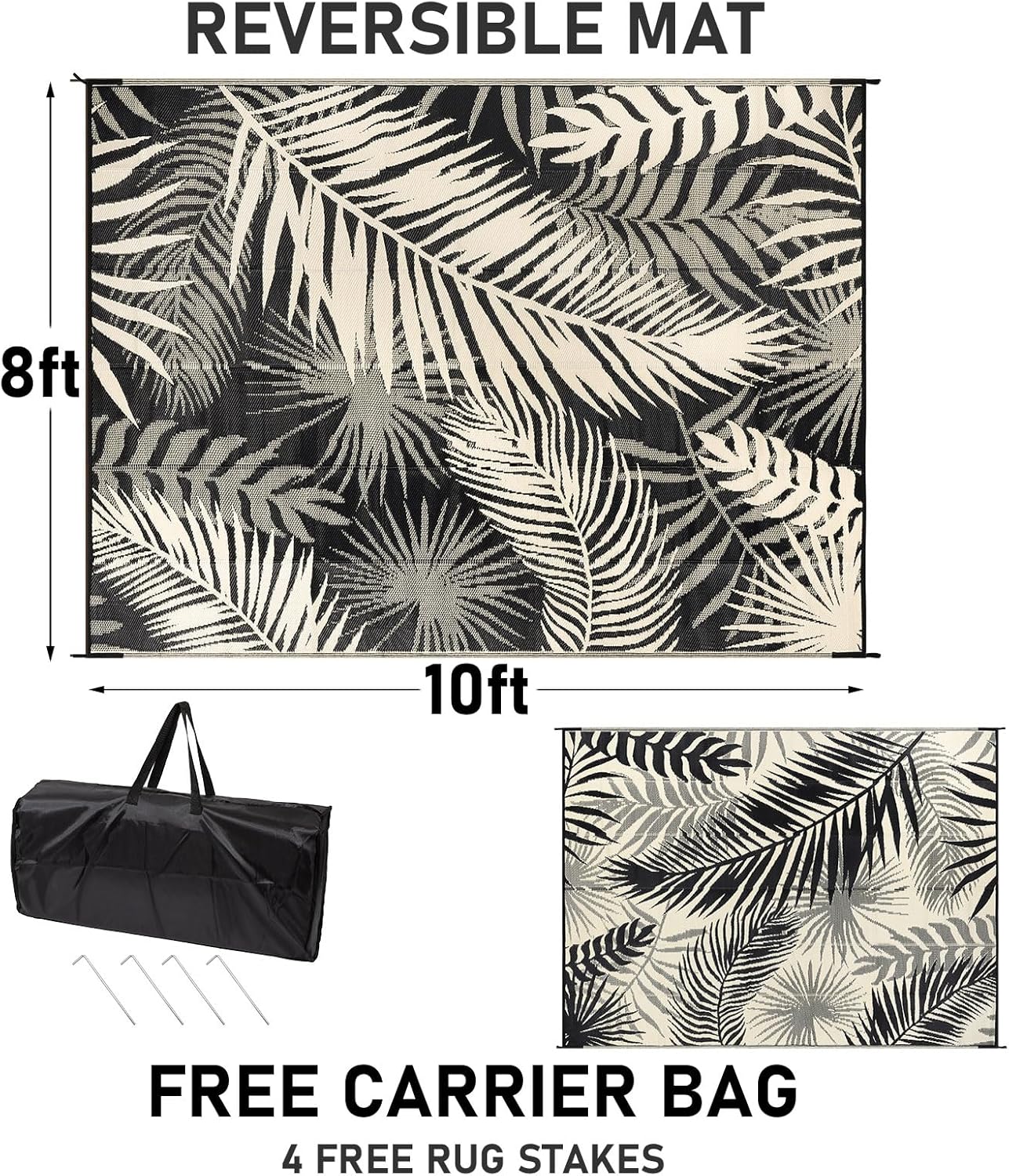 Outdoor Rug Waterproof for Patios Clearance, Reversible Outdoor Plastic Straw Rug Camping Carpet, Outside Floor Mats Large Area Rugs for RV,Patio,Deck,Porch,Beach, Balcony，8'x10',Black&Beige