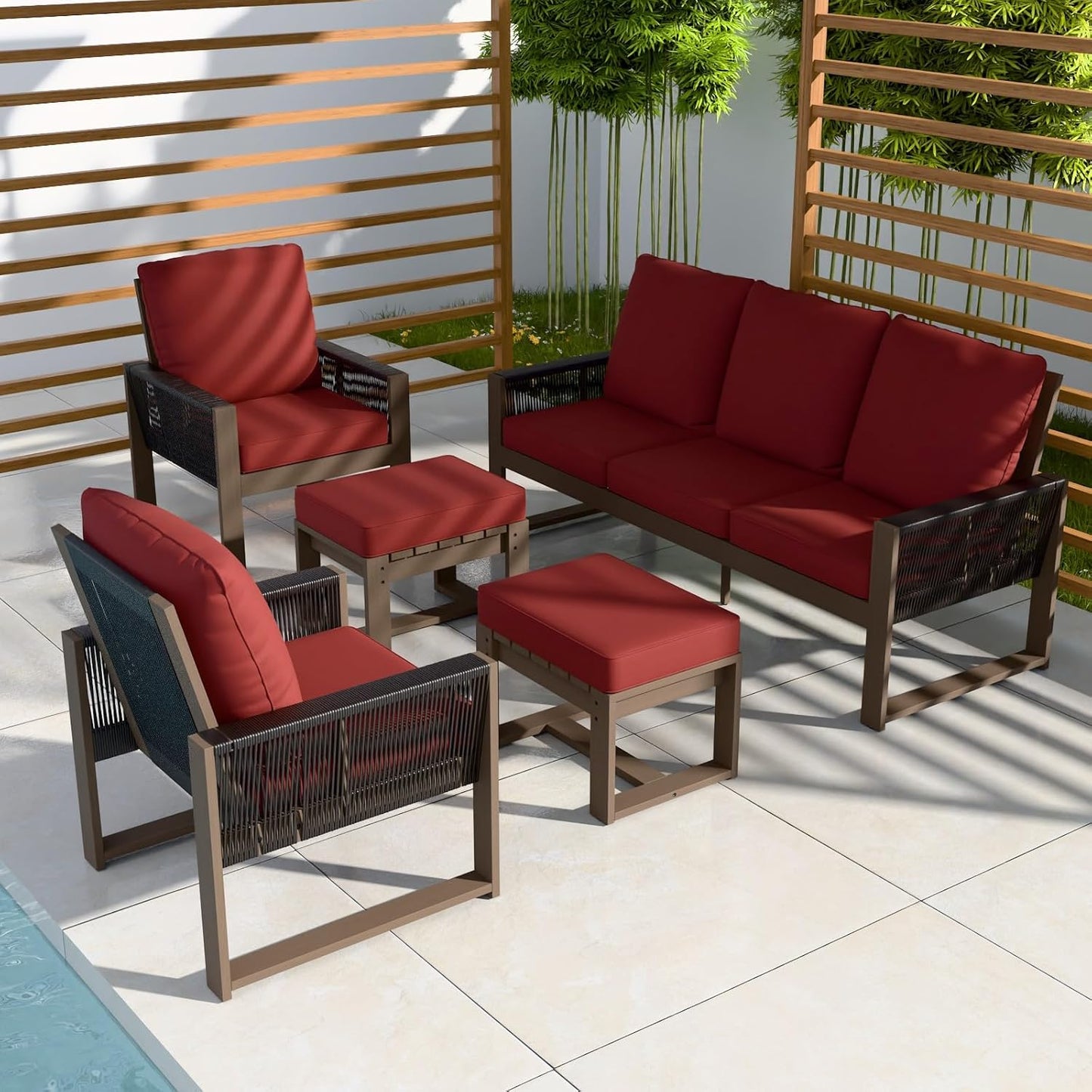 EAGLE PEAK Natural Wood Outdoor Patio Furniture, Cedar Furniture, Conversation Set, Outdoor Seating for Deck Patio Porch, Sofa, 2 Chairs & 2 Ottomans, 5 Pieces, Brown/Red