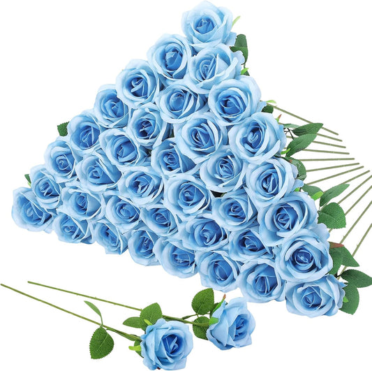 36 Pcs Sky Blue Artificial Roses with Long Stems, Blue Fake Silk Rose Artificial Flowers Bulk for Bridal Wedding Bouquet Centerpiece Ball Arrangement Party Decor