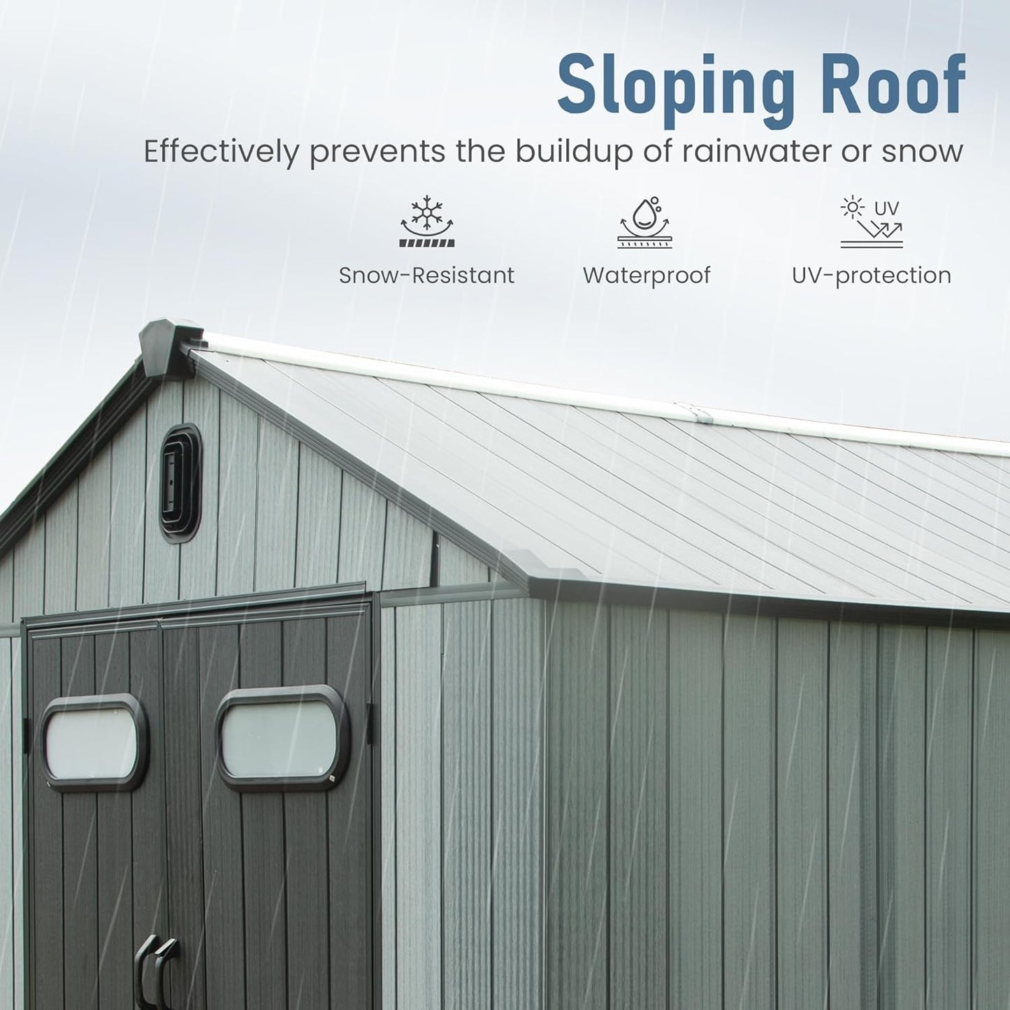 Domi 8x12 FT Outdoor Resin Storage Shed, All-Weather Double-Wall Storage Building for Backyard, Garden, Lawn Tools, Mower, Bike & Pool Equipment, Lockable Doors, Ventilated Roof, Grey