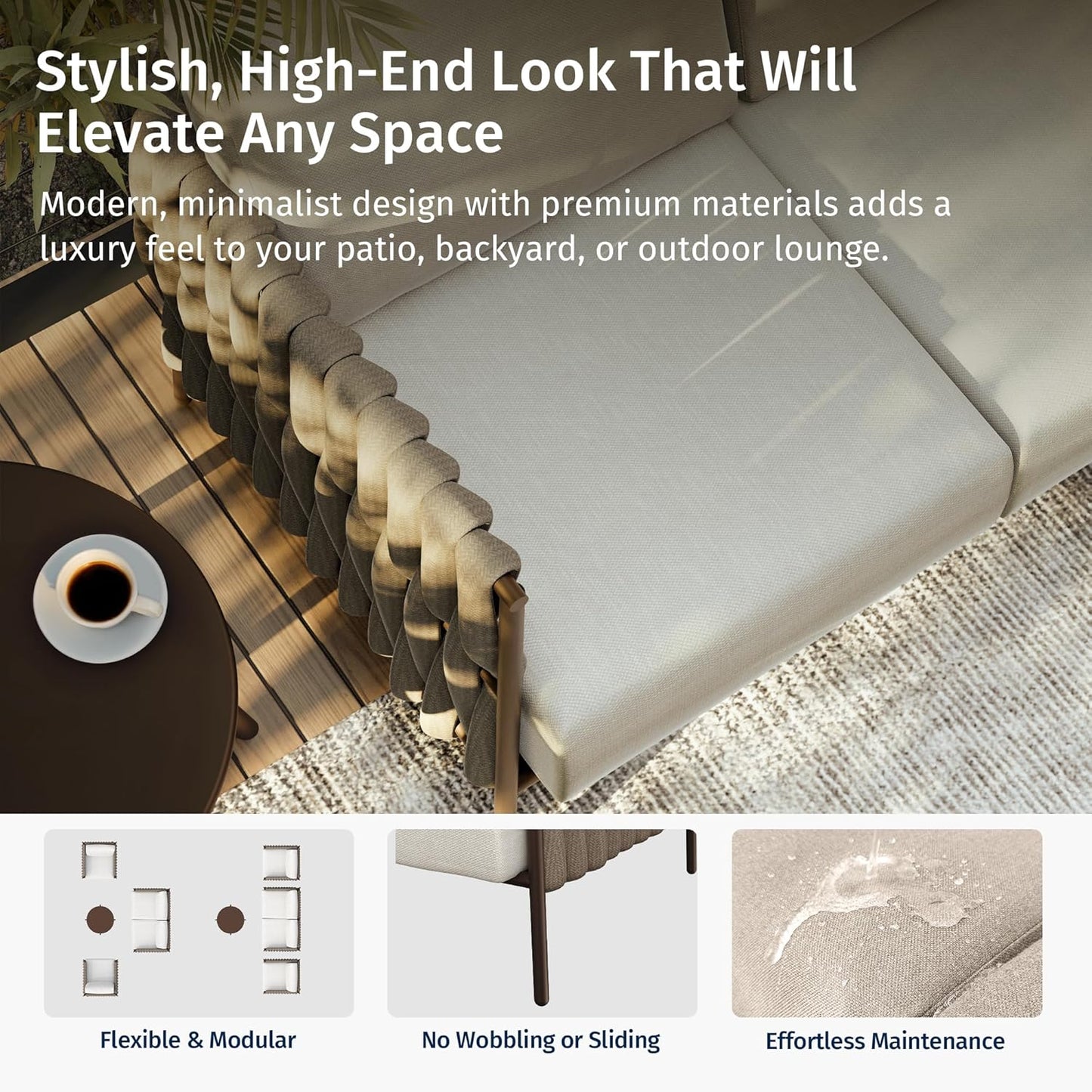 EAST OAK 4-Piece Patio Furniture Set | Life Chatter Outdoor Furniture | Coffee Table & Deep Seating Conversation Set with Thick Cushions | Porch, Balcony & Backyard | Chestnut & Apricot