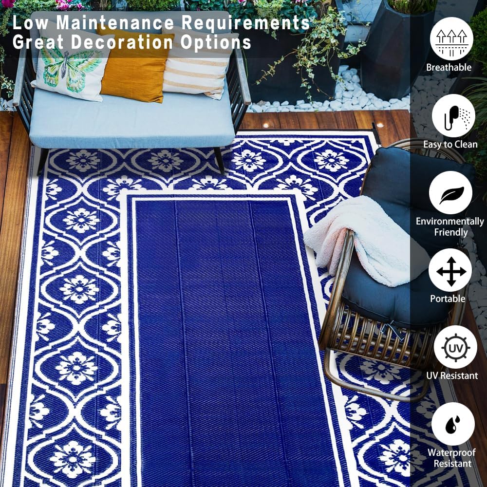 RV Outdoor Rug Waterproof Mat 9'x12' Camping Carpet Outside Area Rugs Reversible Light Blue Rugs for Deck Entryance Porch Picnic Balcony Beach