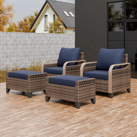 EAGLE PEAK Modern Wicker Outdoor Chair, Patio Chair Curved Armrest, Rattan Patio Furniture for Yard Deck Porch Garden, 2 Chairs 2 Ottomans, 4 Pieces, Brown/Blue