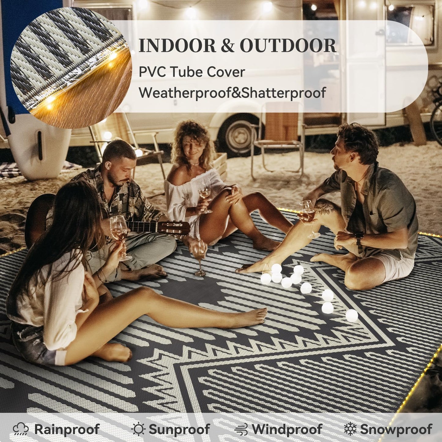 MontVoo Outdoor Rug with Led String Strip Lights 8x10 ft Waterproof Outdoor Patio Rug Mat Reversible Plastic Straw Rug Outside Outdoor Rug for RV Camping Picnic Balcony Fairy Boho Outdoor Decor