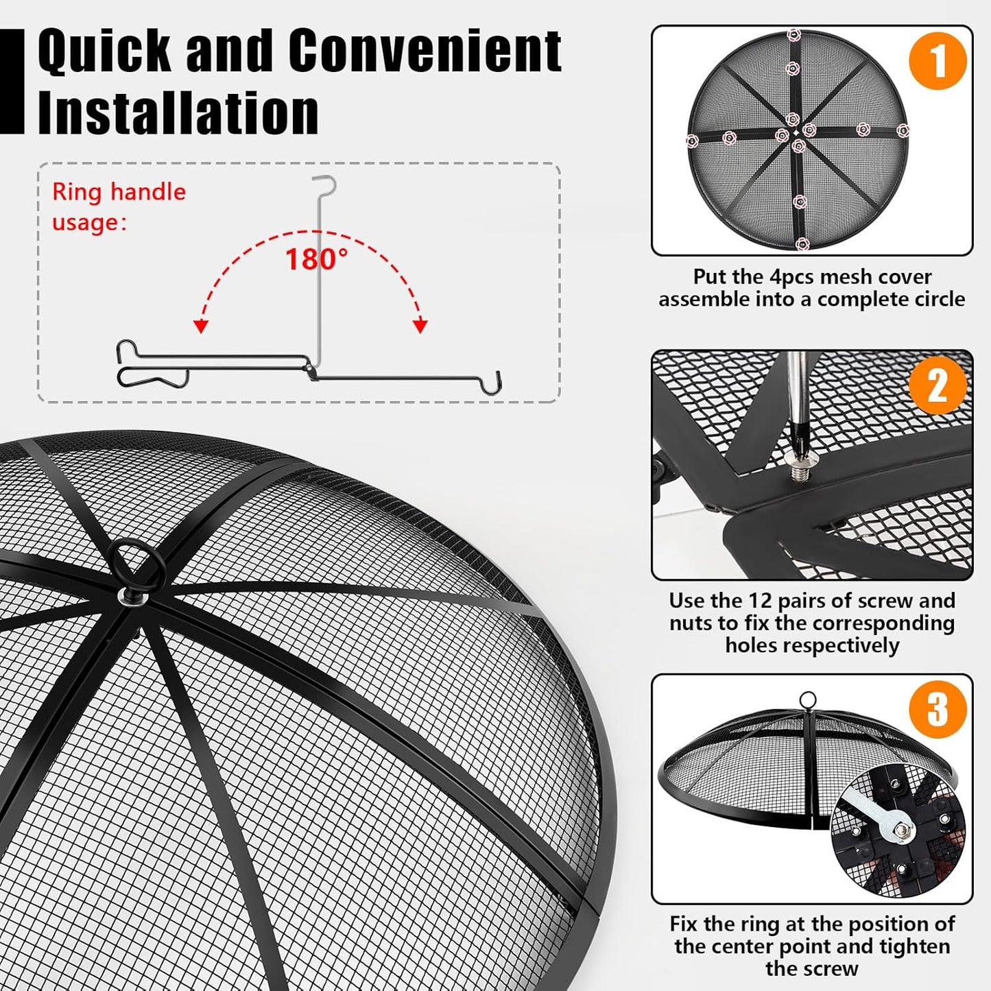 Fire Pit Spark Screen, Fire Pit Screen 27 Inch Round with Handle & Poker, Collapsible Heavy Duty Mesh Fire Pit Cover Fire Pit Lid for Outdoor/Patio/Backyard/RV Camping/Beach