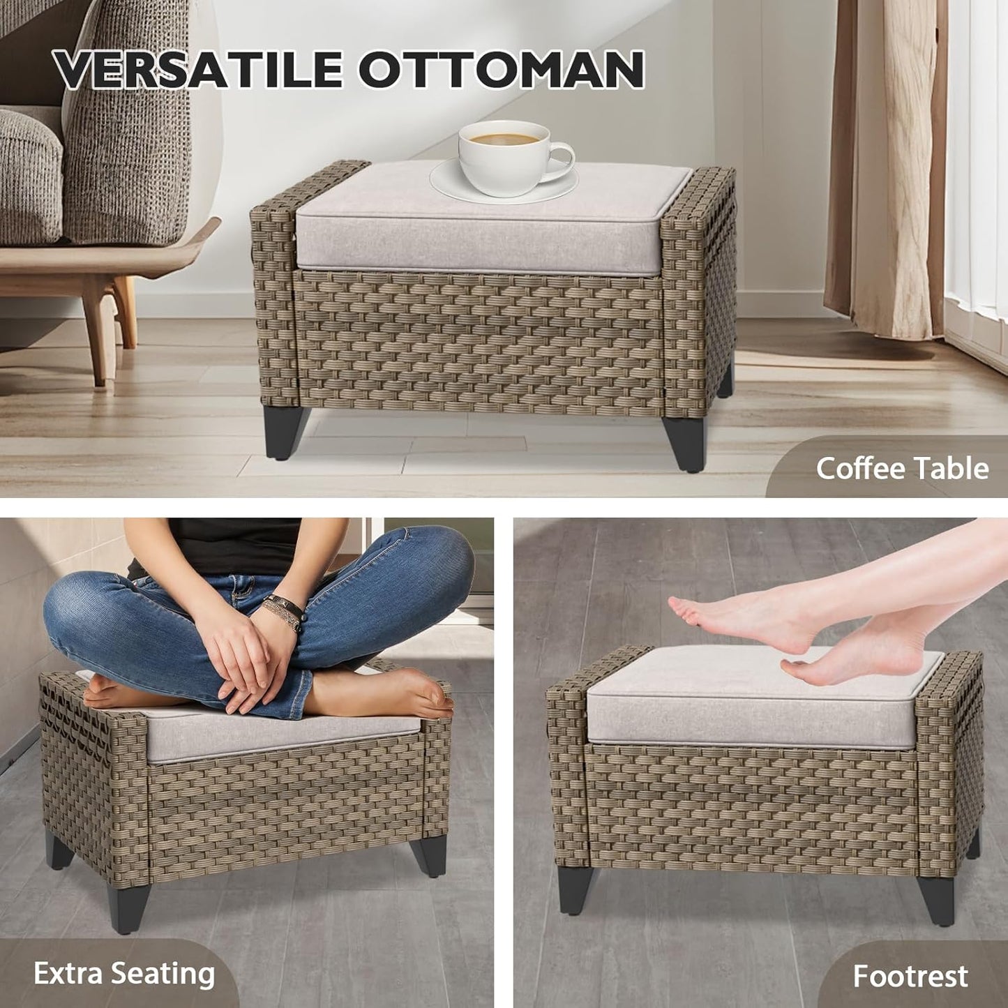 EAGLE PEAK Modern Wicker Outdoor Chair, Patio Chair Curved Armrest, Rattan Patio Furniture for Yard Deck Porch Garden, 2 Chairs 2 Ottomans, 4 Pieces, Brown/Gray