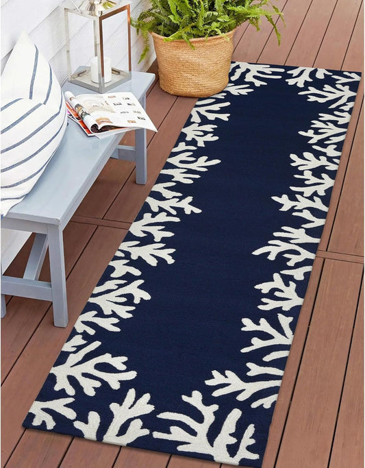 Liora Manne Capri Indoor/Outdoor Handmade Synthetic Blend Durable Area Rug - Traditional Border Coastal Beach Accent (Coral Border Navy) (2' x 8')