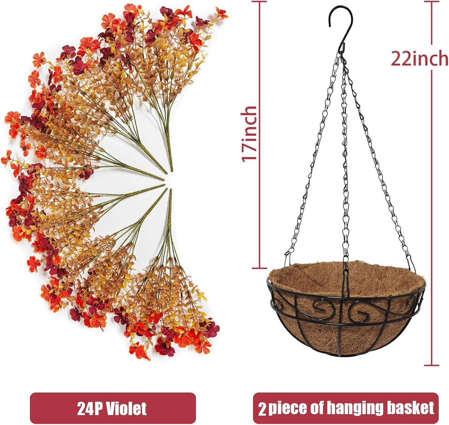 2 Pack Fall Artificial Hanging Flowers Baskets for Outdoors, UV Resistant Fake Fall Hanging Plants, Faux Orange Flowers for Autumn Patio Front Porch Balcony Decor (Orange Red)