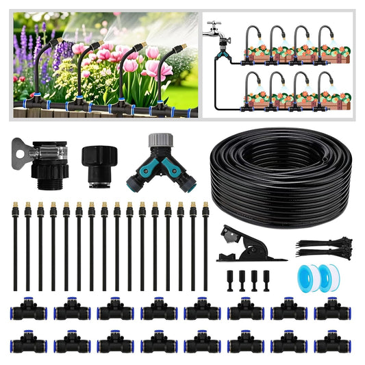 Drip Irrigation Kit - 100 FT. Hose Sprinkler System with 360° nozzles and T-connectors for Gardens, lawns, Plants, Flower beds, Trees, patios and hydroponics (Closeable nozzle-16)