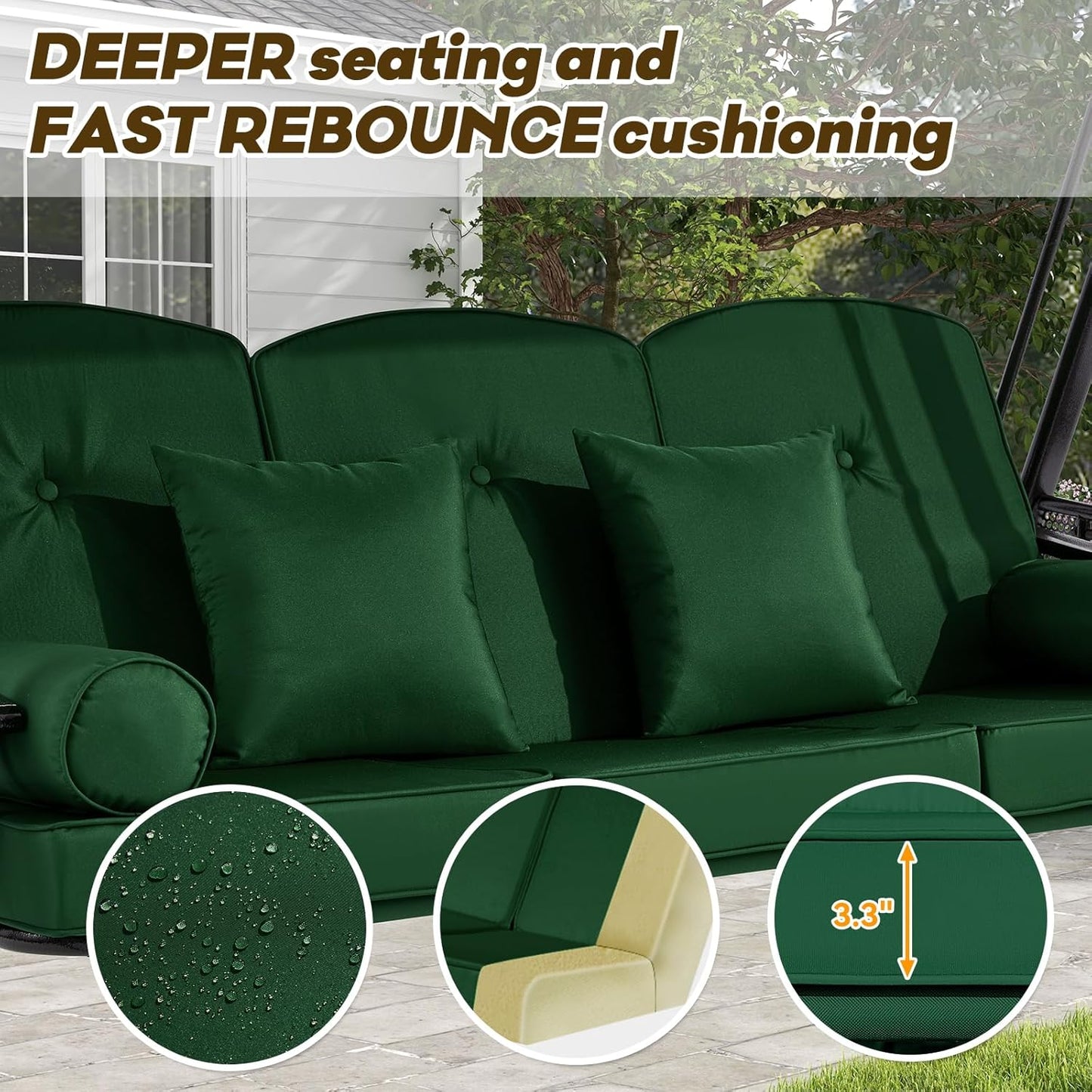 3 in 1 Outdoor Porch Swing with Canopy, 3 Seat Outdoor Swing for Adults, Patio Swing Chair with Thickened Cushions,Pillows & Cup Holders for Backyard, Porch, Garden (Green)
