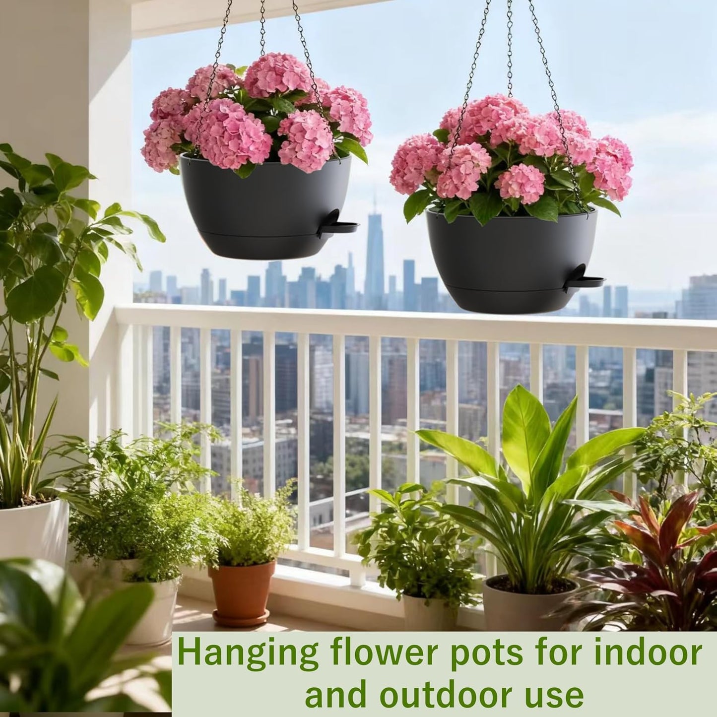 2 Pack Hanging Planters for Indoor Outdoor Plants, 12 Inch Self Watering Hanging Pot with Drainage Holes and Saucer, Plastic Plant Pots, Black Flower Pots for Kitchen, Balcony, Garden