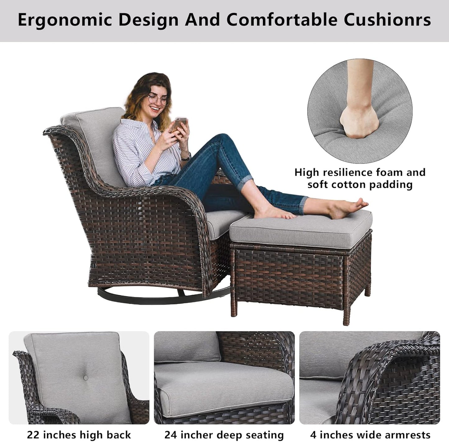 5 Piece Outdoor Patio Furniture Set - Wicker Furniture Patio Conversation Set, Outdoor Swivel Rocker Chairs with 3-Seater Sofa and 2 Ottomans for Small Space, Gray Cushion