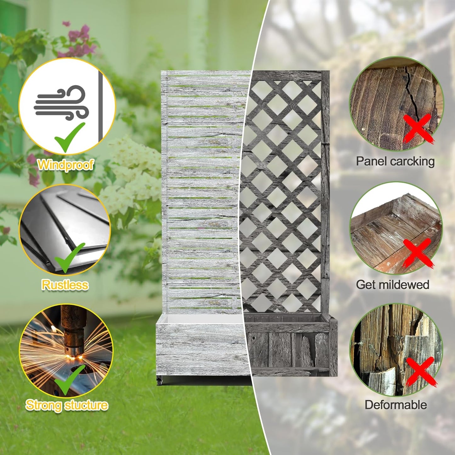 FENCY Metal Raised Garden Bed with Wheels and Trellis,73"x35"x16" Planter Box for Climbing Plants, Vegetables & Vines, Features Privacy Screen and Drainage Holes (White Wood Color)