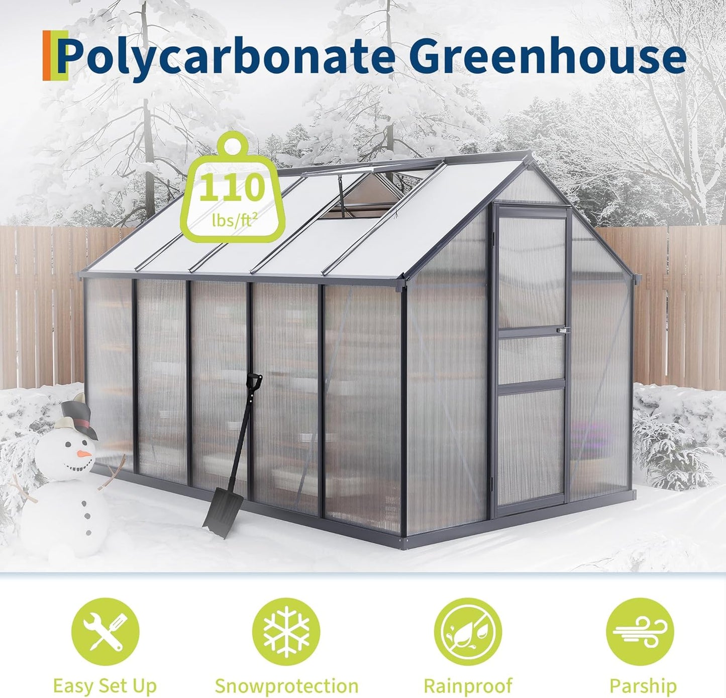 6×10FT Polycarbonate Greenhouse for Outdoors, Large Walk in Green House Kit and Winter Garden Planting, Enhanced Aluminum Green Houses for Outside to Protect Vegetables or Plants