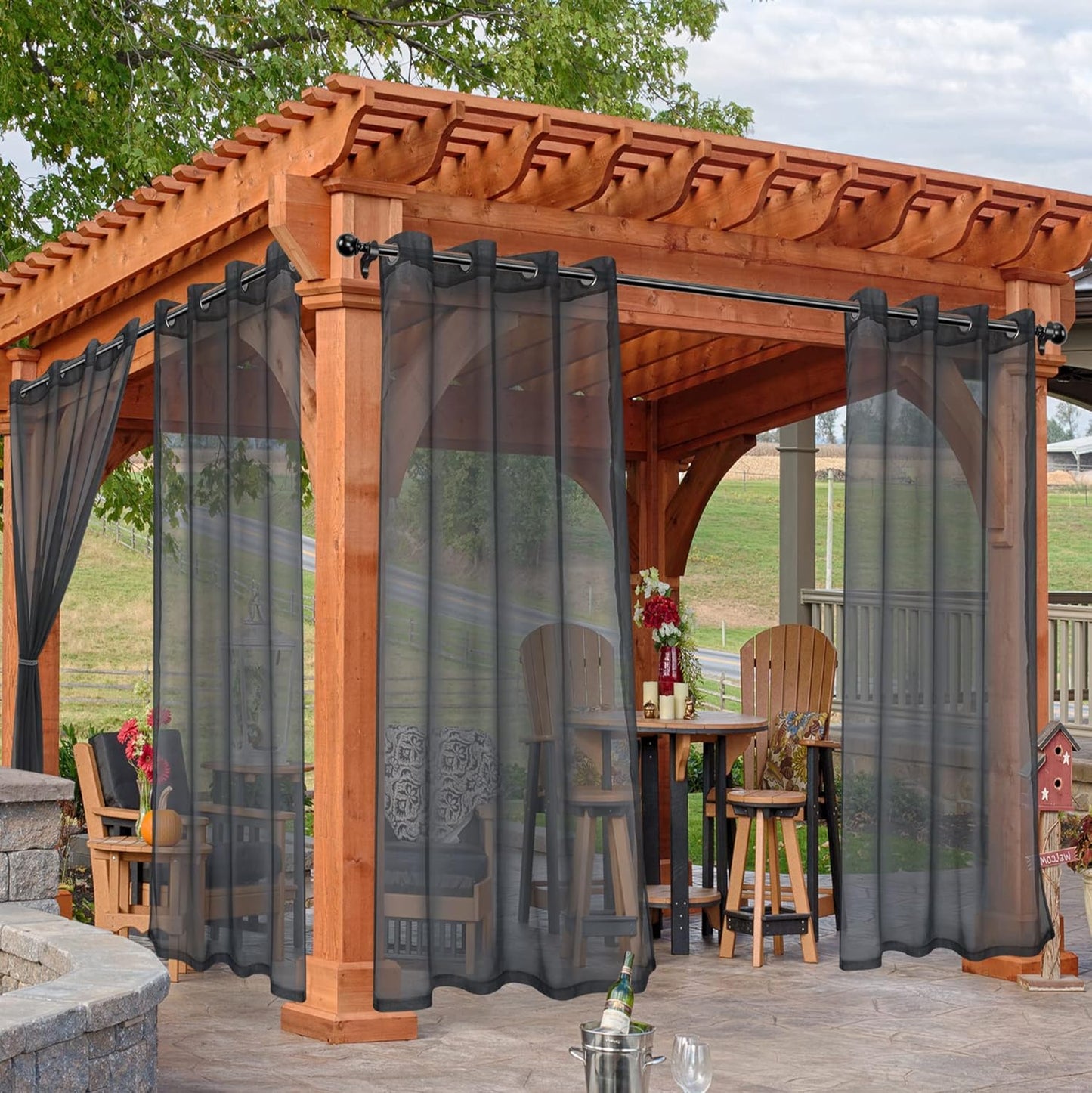 HolidayIdeas Outdoor Sheer Curtains for Patio Waterproof, 4 Panels - 54 x 84 Inch - Grey Light Filtering Voile Outside Curtains Grommet Drapes for Front Porch, Gazebo, Pergola, Backyard