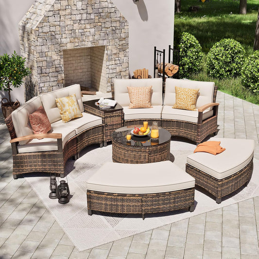 8 Piece Outdoor Patio Furniture Set, Half-Moon Curved Sectional Set with Wood Armrests, Patio Conversation Set, 2 Half-Moon Ottomans，Coffee & Side Tables (Brown)