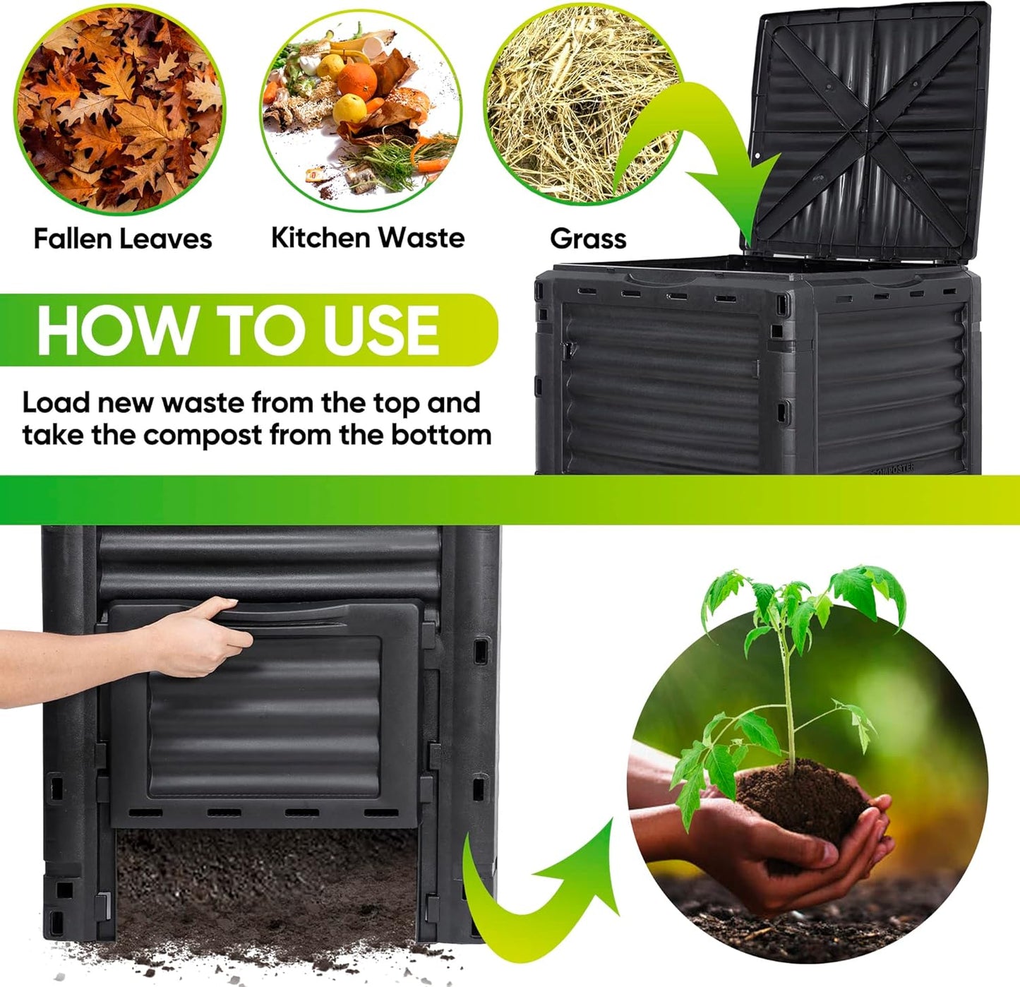 F2C Garden Compost Bin from BPA Free Material -80 Gallon(300 L) Large Compost Bin Aerating Outdoor Compost Box Easy Assembling, Lightweight, Fast Creation of Fertile Soil, Black