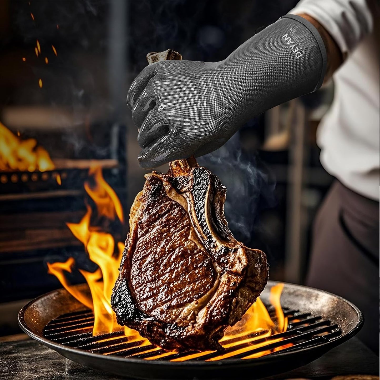 DEYAN Silicone BBQ & Oven Gloves - Food Grade, Heat Resistant Waterproof & Oil Proof Gloves for Grilling, Baking, Frying, Cooking - Long Sleeve & Non-Slip Grip, 1 Pair(Black, 9/L)