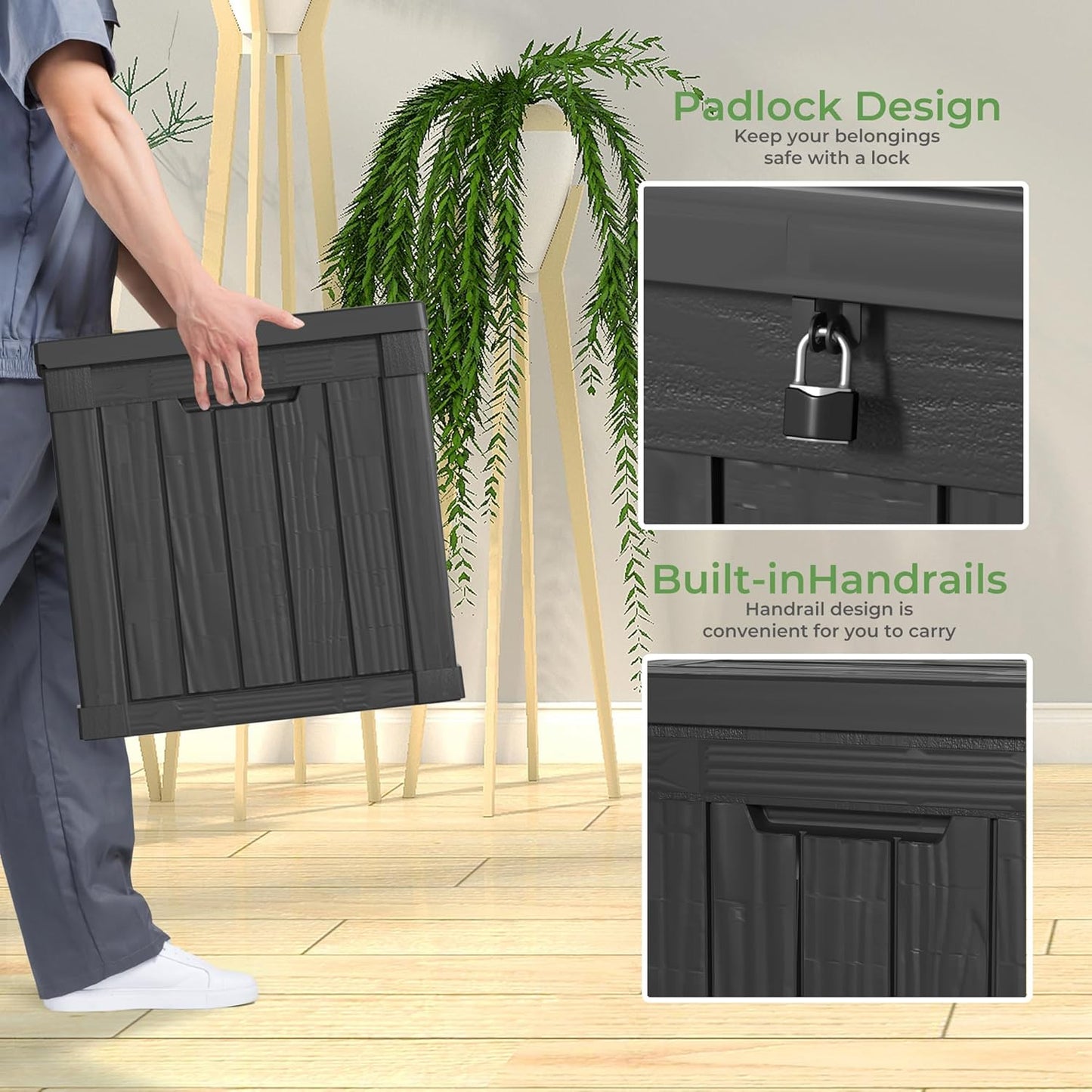 50 Gallon Resin Deck Box, Lockable Outdoor Storage Box for Patio Cushions Storage Furniture,Garden Tools, Pool Supplies, Weatherproof and UV Resistant（Black）