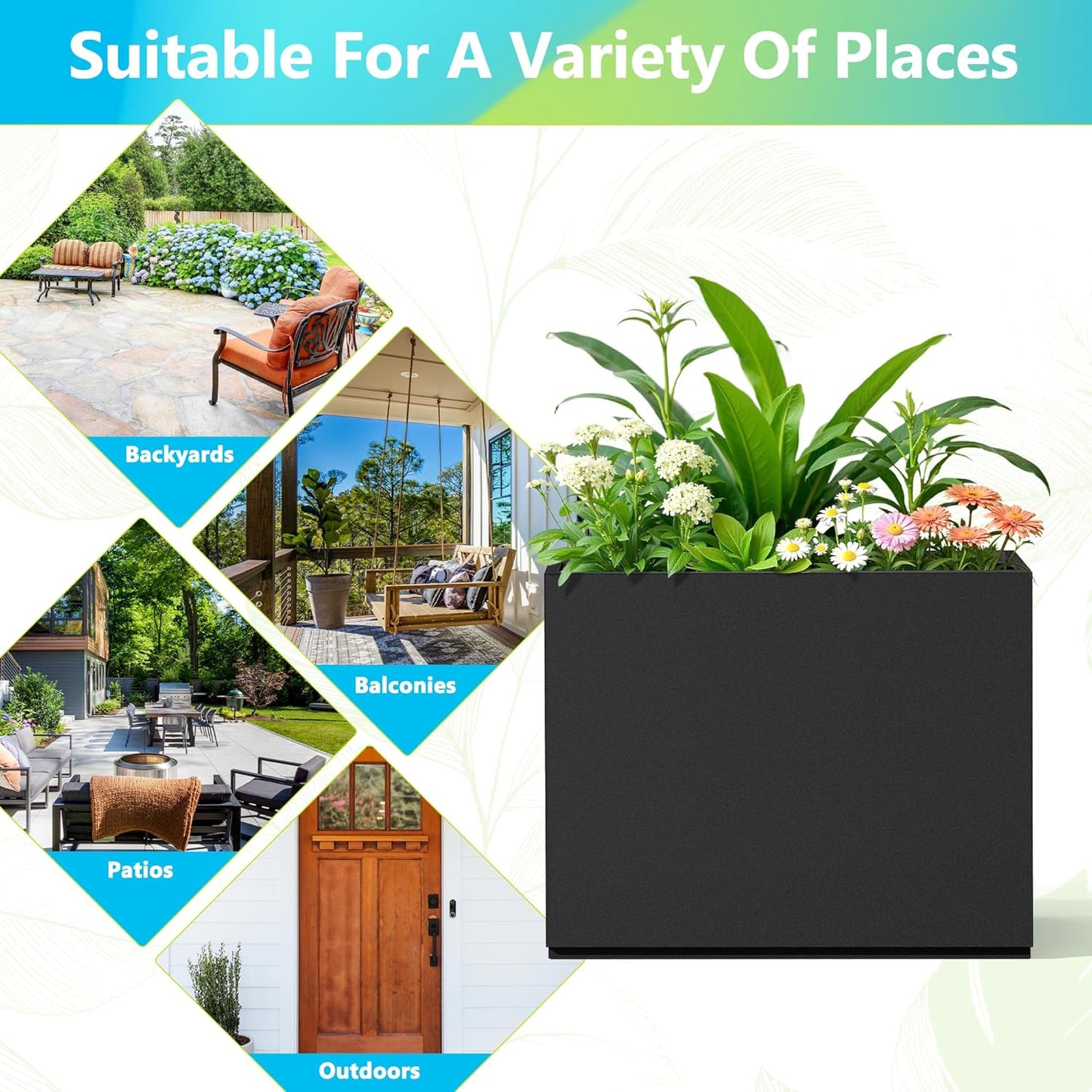 FENCY Metal Planter Box, Large Rectangular Planters for Outdoor Plants, Outdoor Tall Planters with Drainage Holes, Black Metal Planters (30" L x 12" W x 24" H)