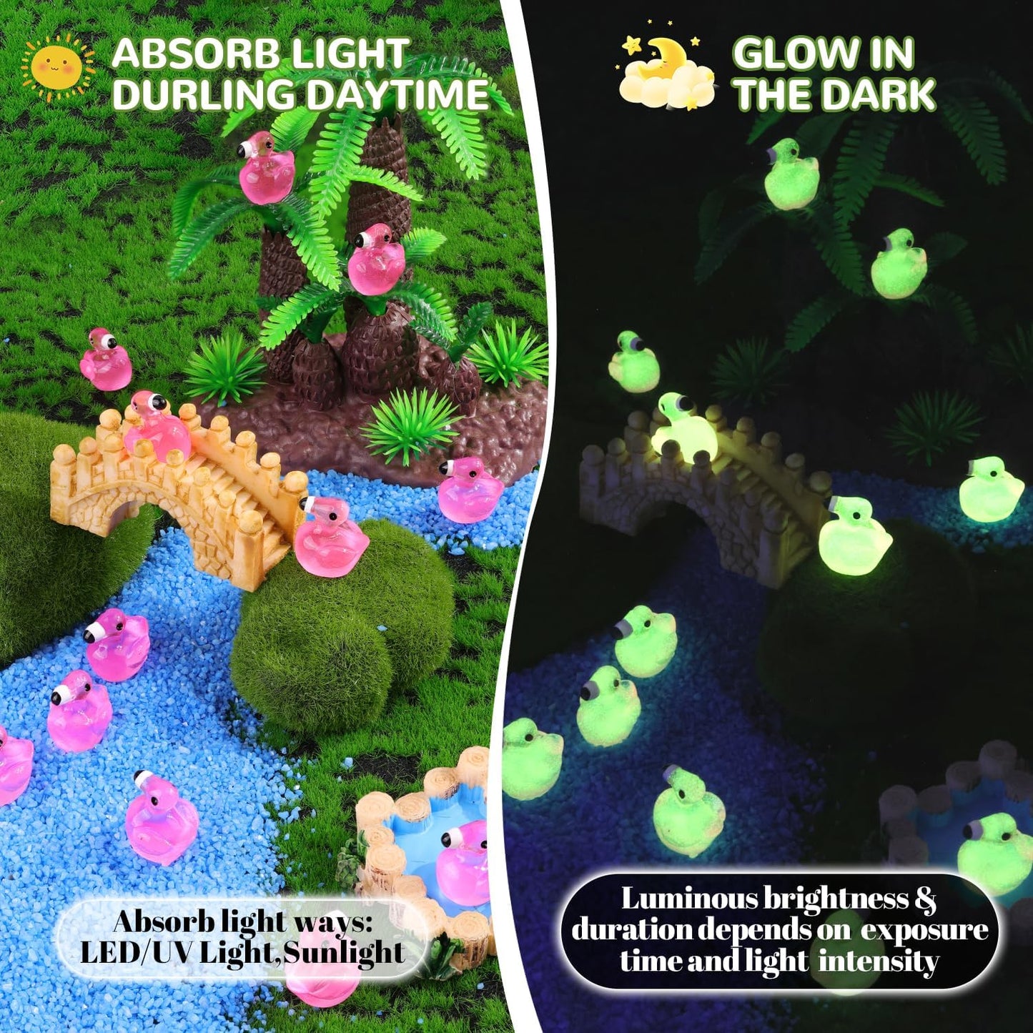 200PCS Mini Resin Animals Cute Rose Pink Tiny Flamingo Ducks Glow in Dark, Miniature Figures to Hide, Small Animal Toys Accessories Bulk for Topper Garden Dollhouse Ornaments DIY Crafts & Decor