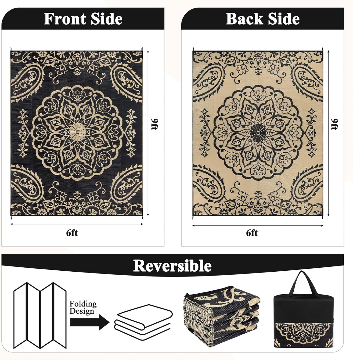 Pauwer Waterproof Outdoor Rug 6x9, Reversible Plastic Straw Patio Camping Rug, Indoor Outdoor RV Mat Carpet for Deck, Camper, Porch, Balcony, Backyard, Picnic, Boho Black Brown