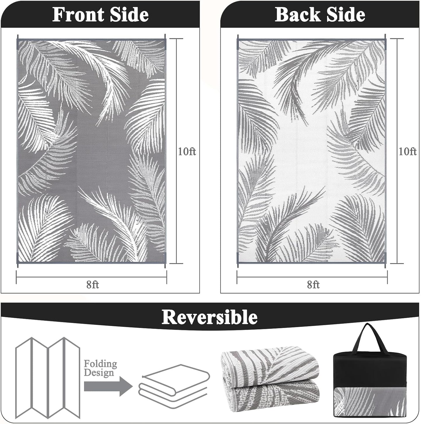 Pauwer Waterproof Outdoor Rug 8x10, Reversible Plastic Straw Patio Camping Rug, Indoor Outdoor RV Mat Carpet for Deck, Camper, Porch, Balcony, Backyard, Picnic, Leaf Grey