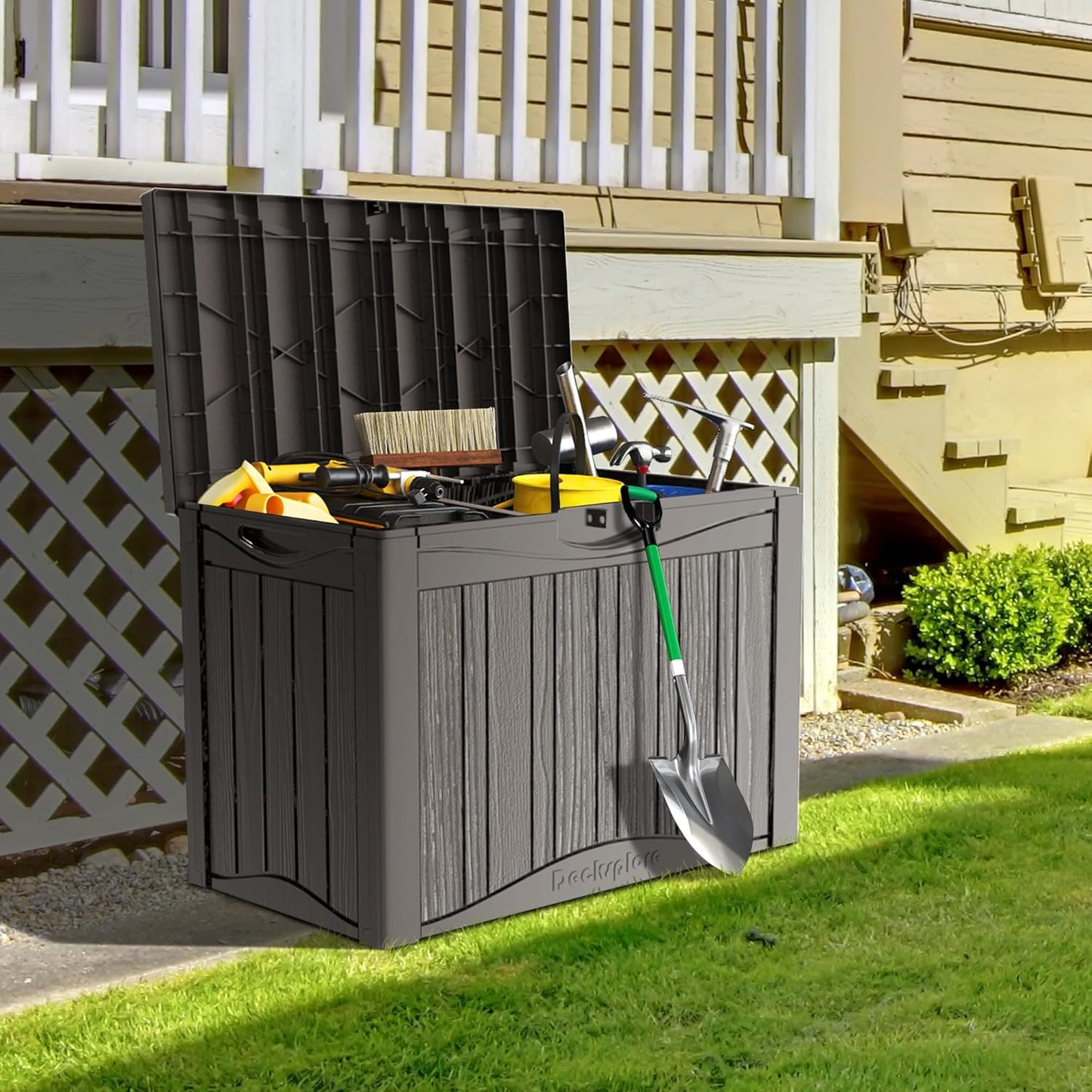 50GAL Brown Deck Box with Special Pattern & Lock Hole – Waterproof, SGS - Approved UV Resistance, Stylish Storage for Outdoor Cushions & Decor, Effortless Assembly