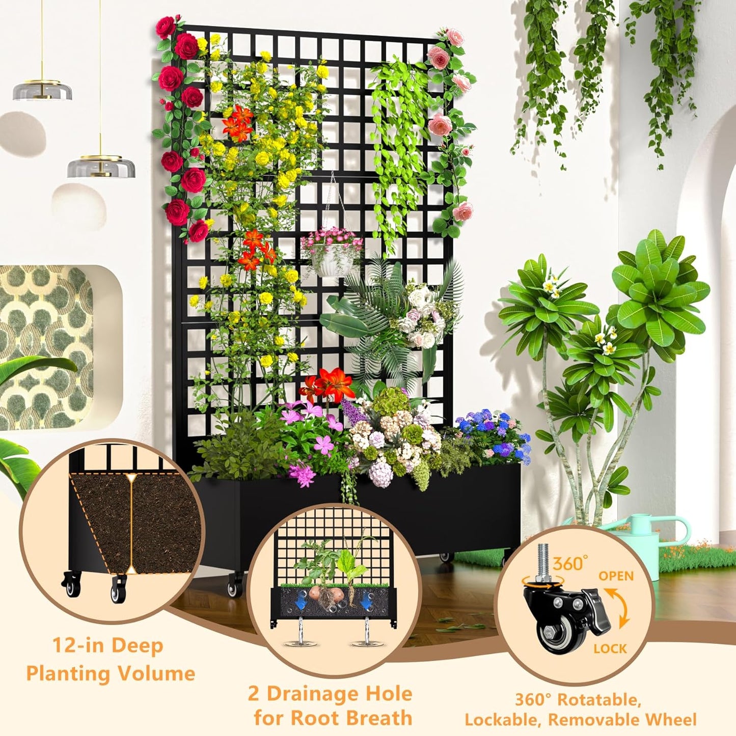 Metal Planter Box with Trellis, 72.1"x47.2"x16" Galvanized Raised Garden Bed with Privacy Screen & Drainage Holes & Lockable Casters for Climbing Plants, Flower, Vegetable (Black-Grid)
