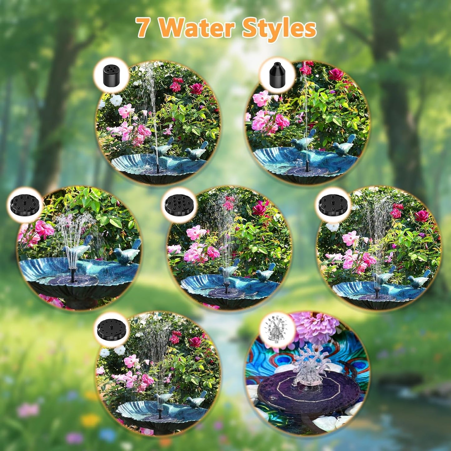 AISITIN 2.8W Solar Fountain Pump for Bird Bath Upgraded 2025, Floating Solar Powered Water Fountain Built-in 1000mAh Battery with 7 Nozzles & 3 Integrated Bracket for Bird Bath and Outdoor Garden