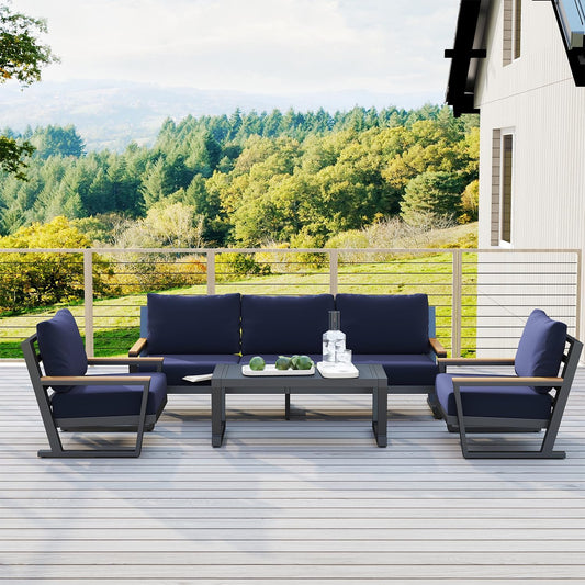 Aluminum Outdoor Sofa,4 Seats Modern Patio Furniture Set,Sectional Sofa Conversation Set with Coffee Table, Upgraded Washable Cushions for Garden Backyard,Blue