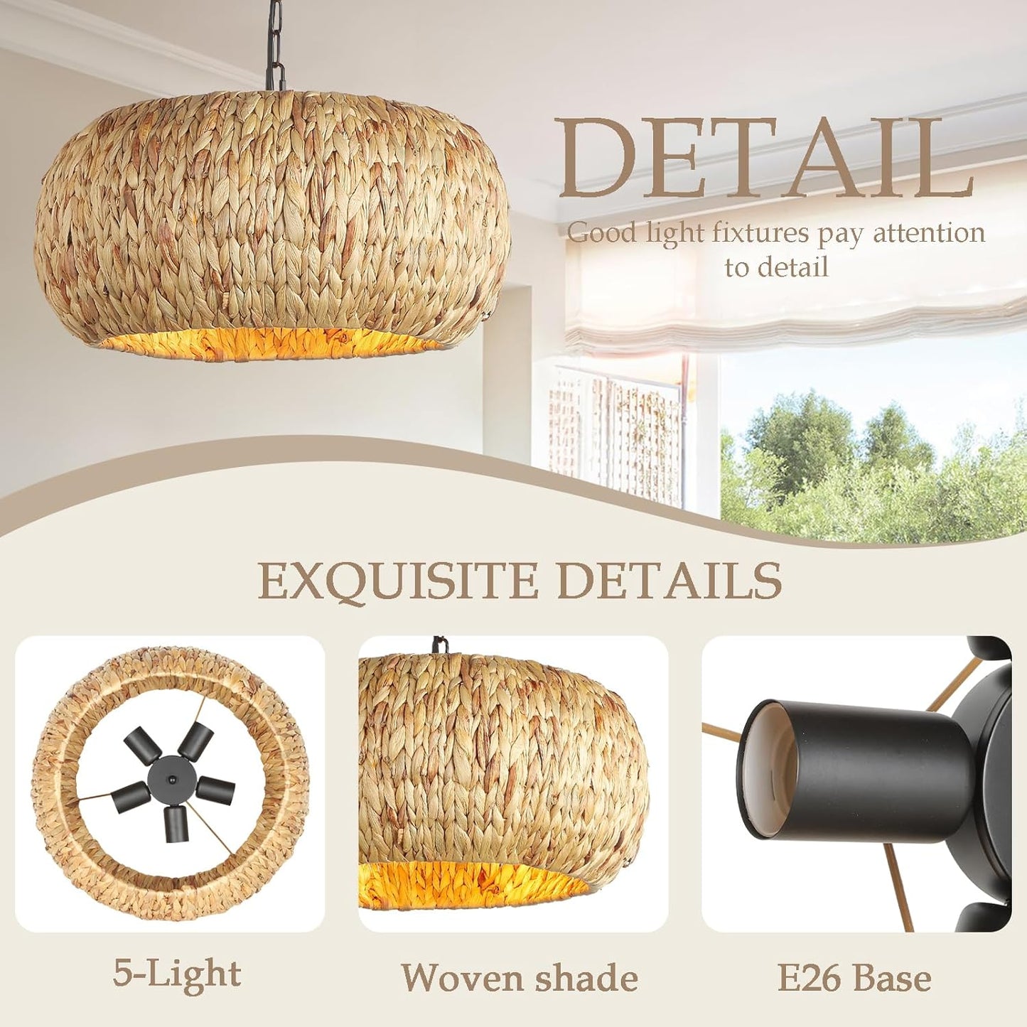 Hand-Woven Boho Pendant Light, 17.7" 5-Light Bohemian Rattan Lighting Fixture Natural Weaving Hanging Ceiling Light Coastal Wicker Chandelier for Kitchen Island Living Dining Room Restaurants