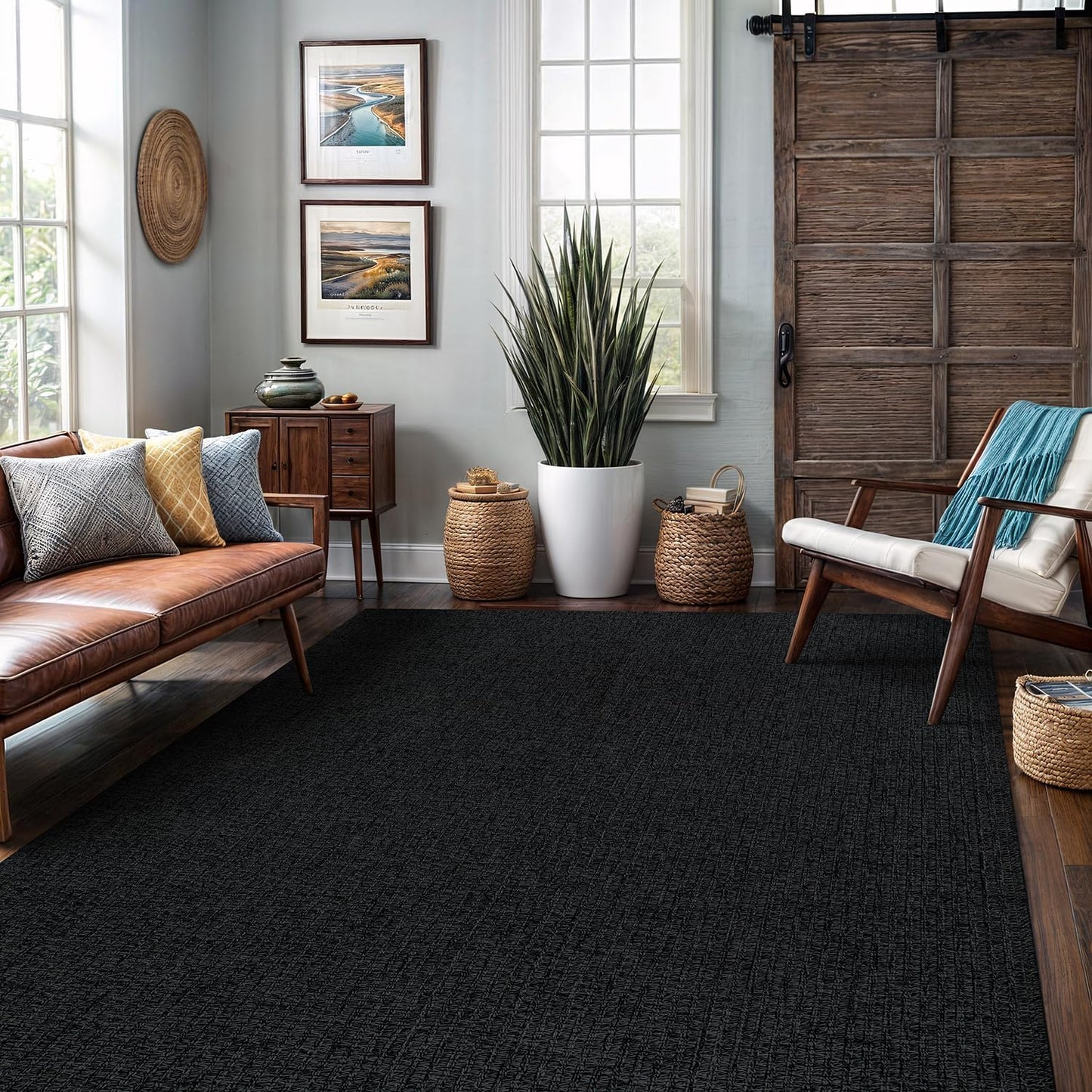 Easy Jute Rug 9x12 Indoor Outdoor Natural Rugs Solid Fiber Rug Woven Area Rug Boho Easy Clean Inside Carpet for Living Room Bedroom Dining Room Hallway or Outdoor Patio Porch (9 X 12 Dark Grey)