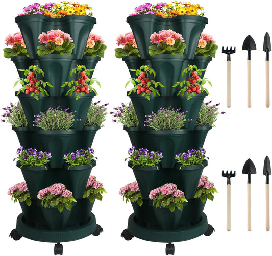 DUNCHATY Stackable Planter, Vertical Garden Planter with Wheels and Tools, Self Watering Strawberry Planter Indoor/Outdoor 6 Tier Herb Planter Pots for Growing Vegetables and Succulents,Pine Green