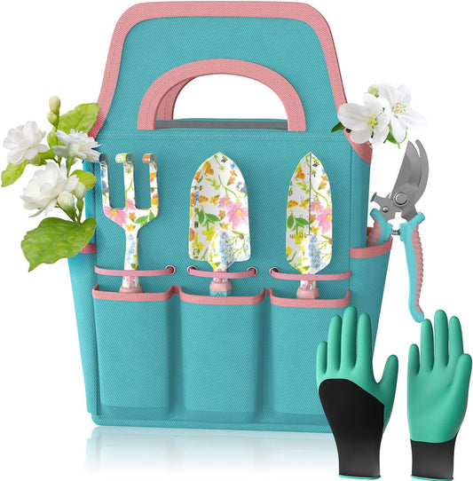 6 Pcs Garden Tool Set, Gardening Hand Tools Aluminum Alloy Starter Kit with Garden Bag, Heavy Duty Outdoor Tool Set with Ergonomic Handle, Gardening Gifts (Flower Pattern)
