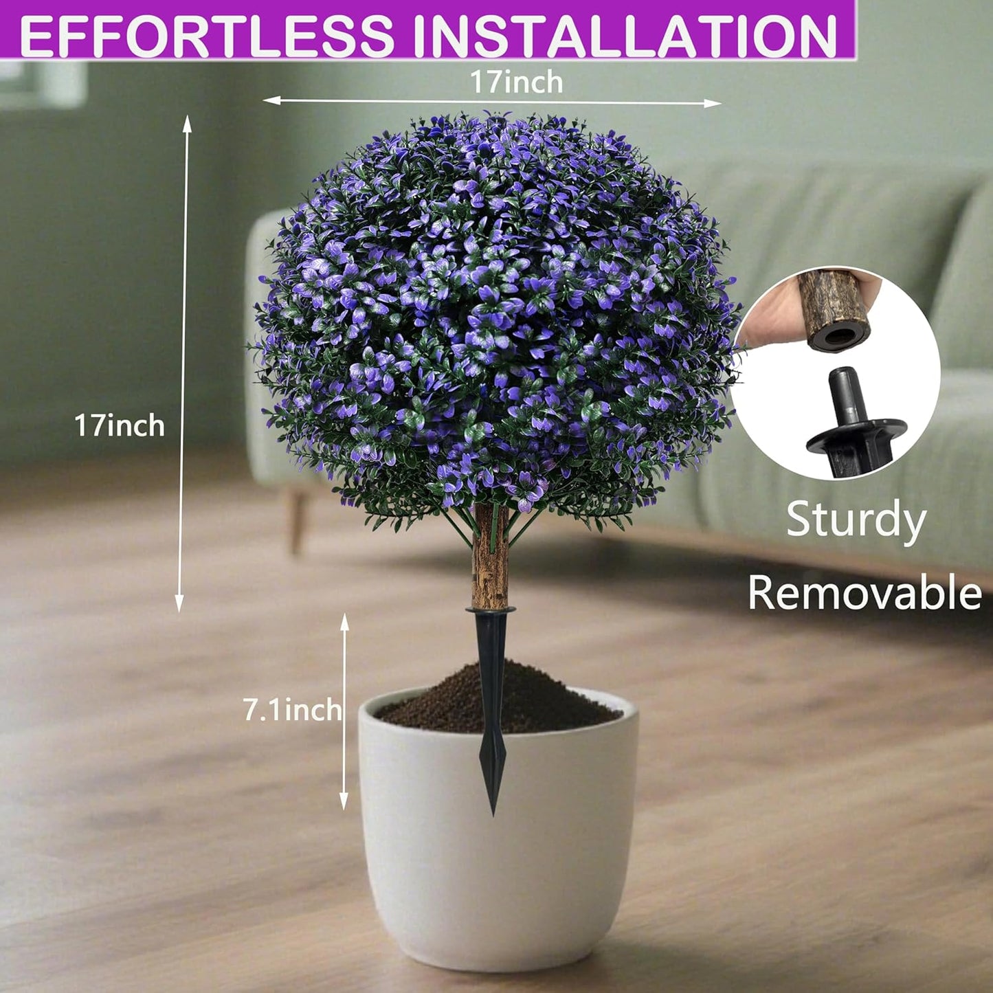 Set of 2 Artificial Boxwood Topiary Ball Trees Outdoor Faux Shrubs Artificial Boxwood Plants with Ground Spike, 24" Lavender Fake Evergreen Tree UV Resistant for Planter,Potted,Fall