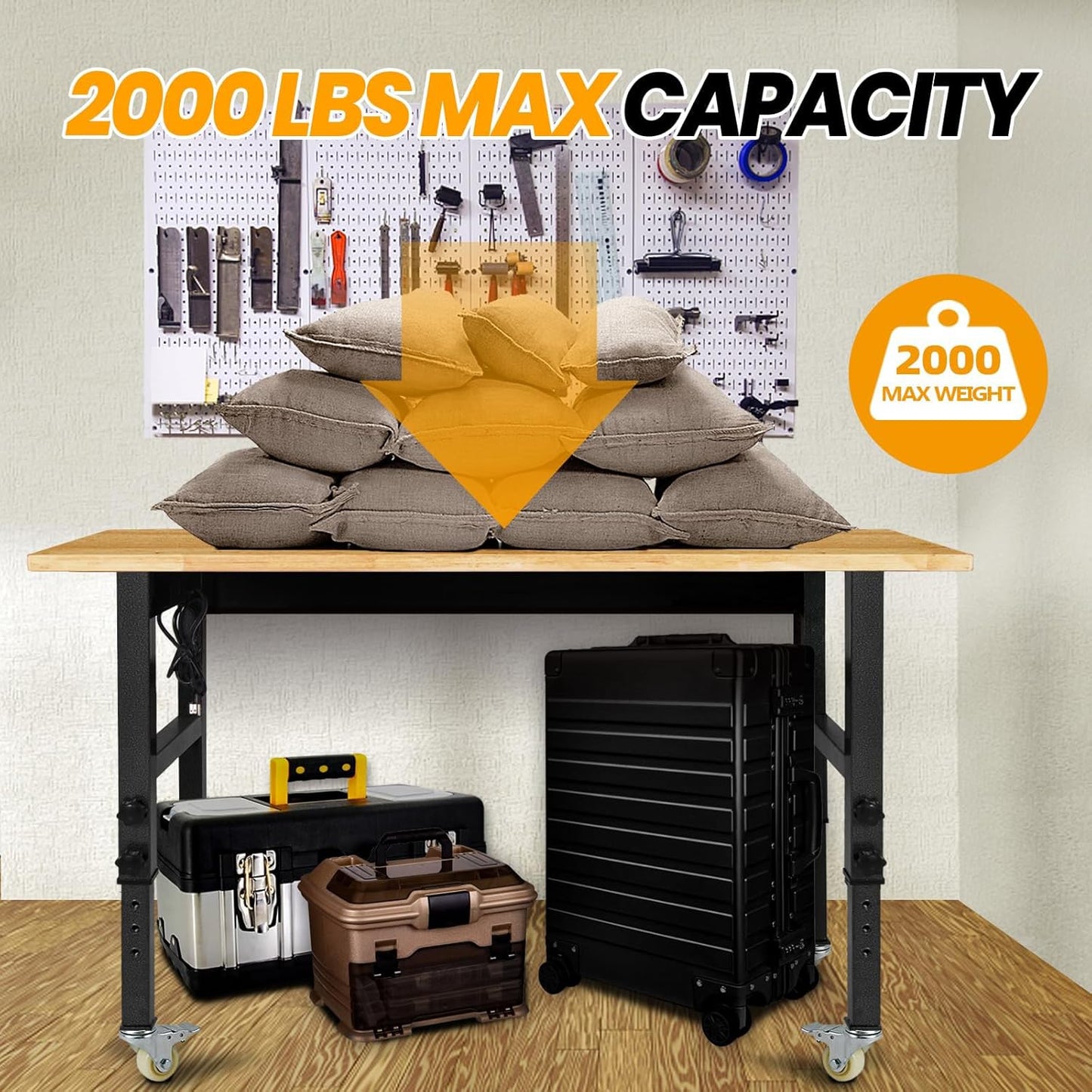 48" Adjustable Work Bench, Rubber Wood Top Workbench Heavy-Duty Work Table with Power Outlet,workbenches Wheels, 2000 LBS Load Capacity Hardwood Work Benches for Garage, Workshop, Home, Office