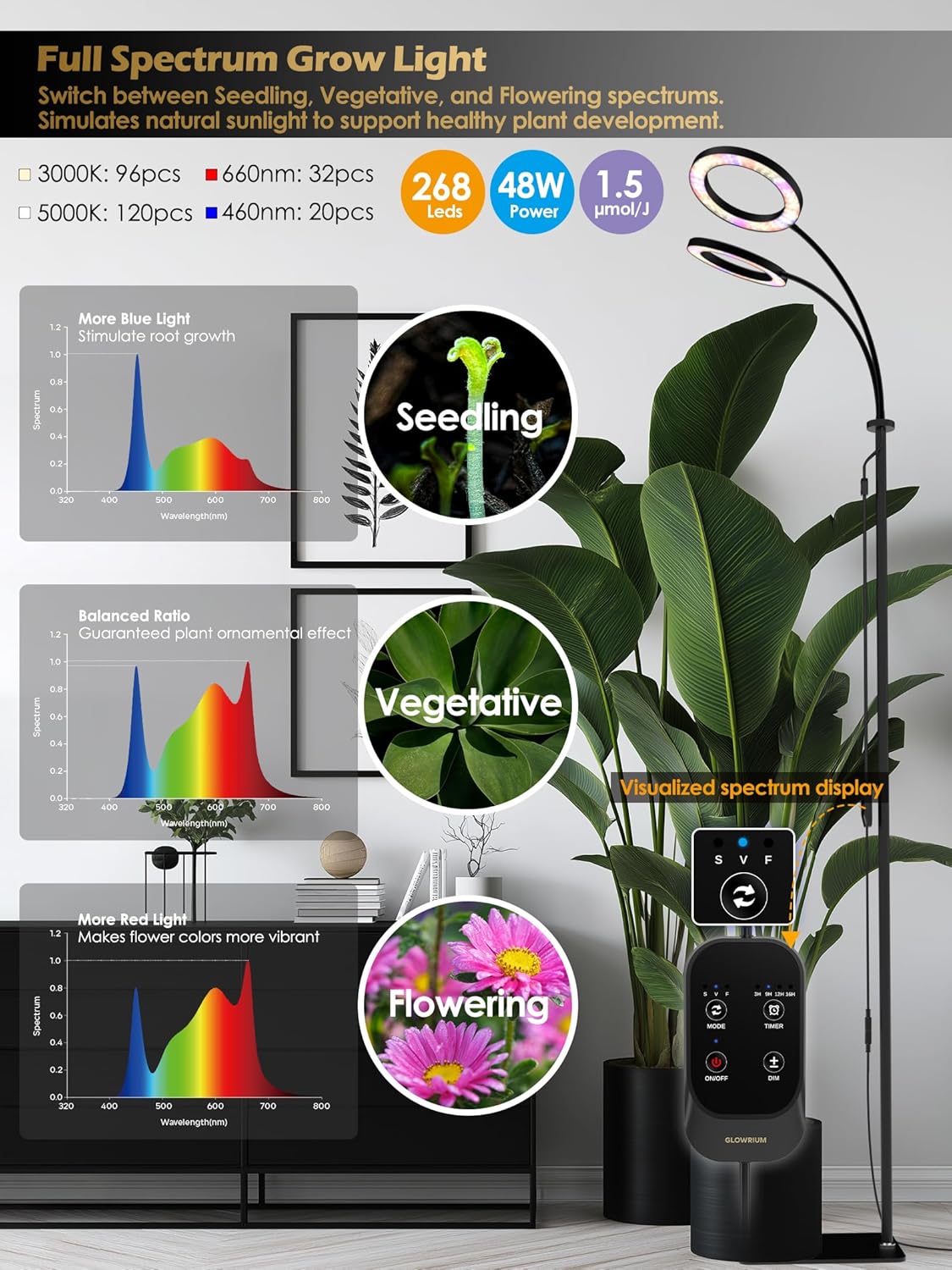 GLOWRIUM Grow Lights for Indoor Plants,Plant Light with 3/9/12/16H Grow Light Timer,2-Head 48W Full Spectrum LED Grow Light, 3 Lighting Mode and Stepless Dimming (Black, 48W)