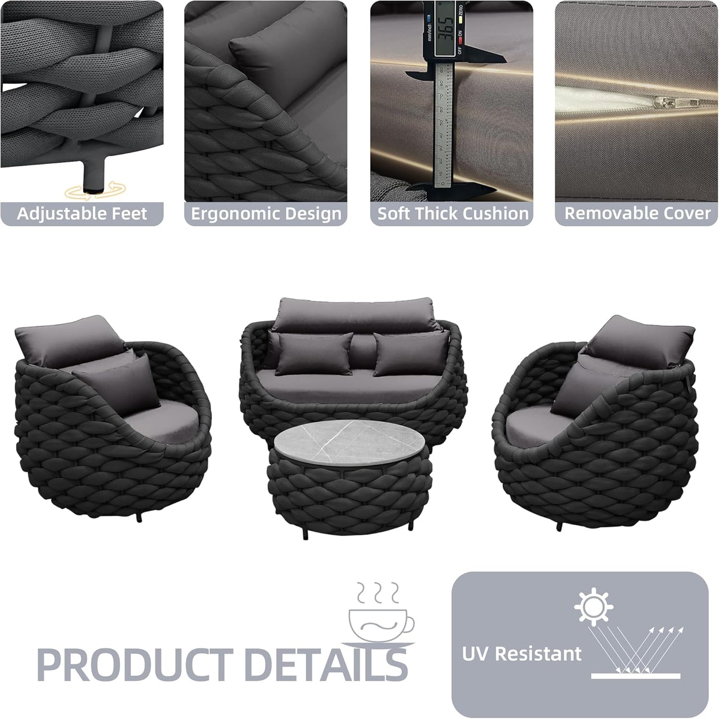 5 Pieces Patio Furniture Set, Outdoor Rope Conversation Sectional Patio Sofa with 5 Seater for Backyard, Porch, Modern Armchairs with Thickness Cushions and Side Table, Dark Grey