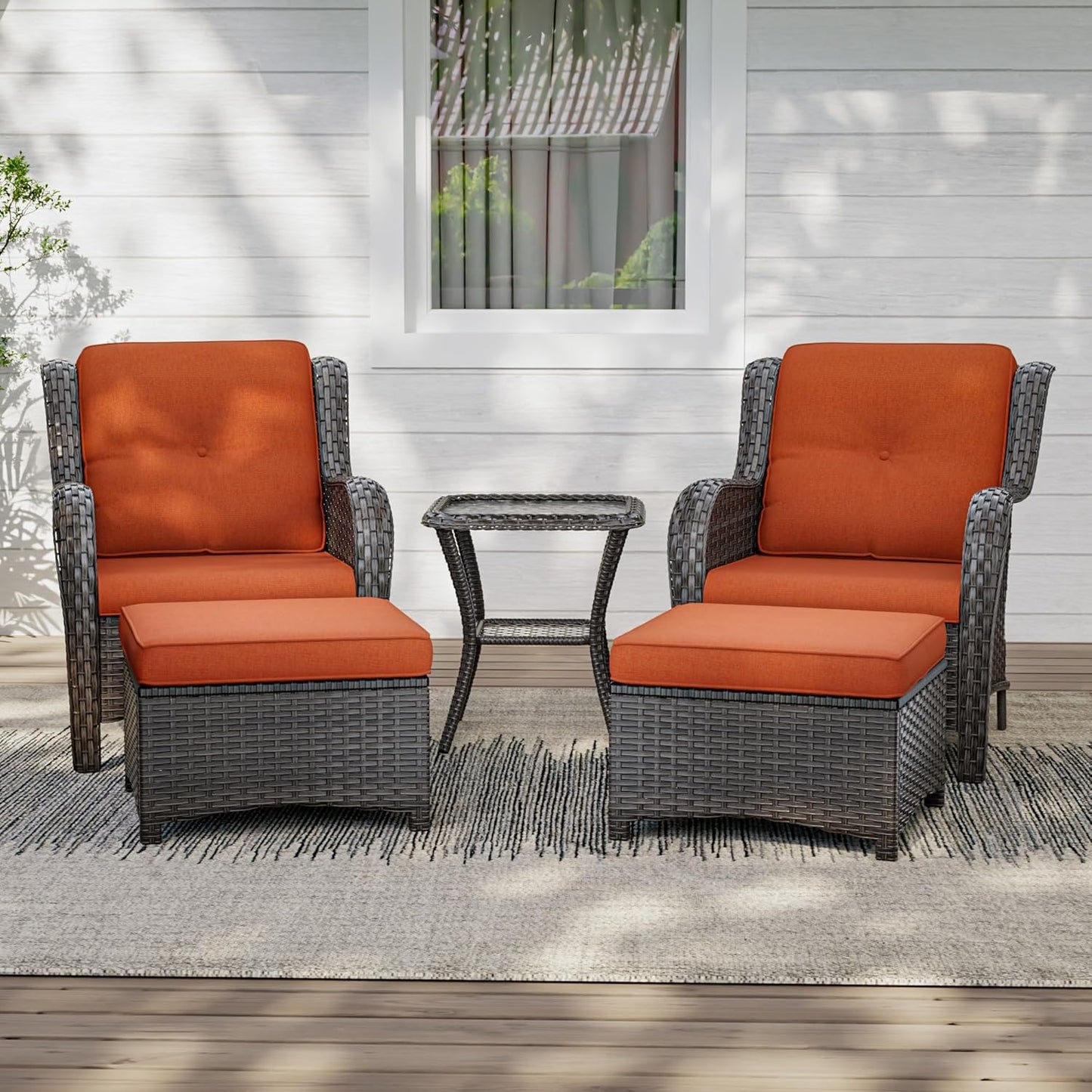 5 Pieces Patio Conversation Set, Wicker Chairs Set of 2 and Two Ottomans with 3.5-inch Seat Cushions, 1 Side Table High Back and Curved Armrest for Backyard, Balcony and Deck, Orange