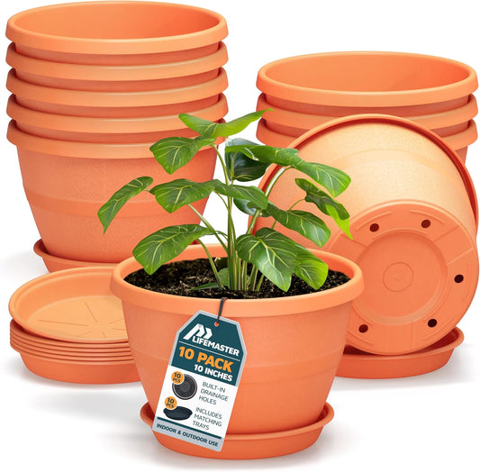10-Inch Whiskey Barrel Planters Outdoor Pack of 10 - Durable Plastic Plant Pots for Indoor & Outdoor Use with Drainage & Saucer, Lightweight Rustic Barrel Planters for Flowers, Herbs & Small Plants