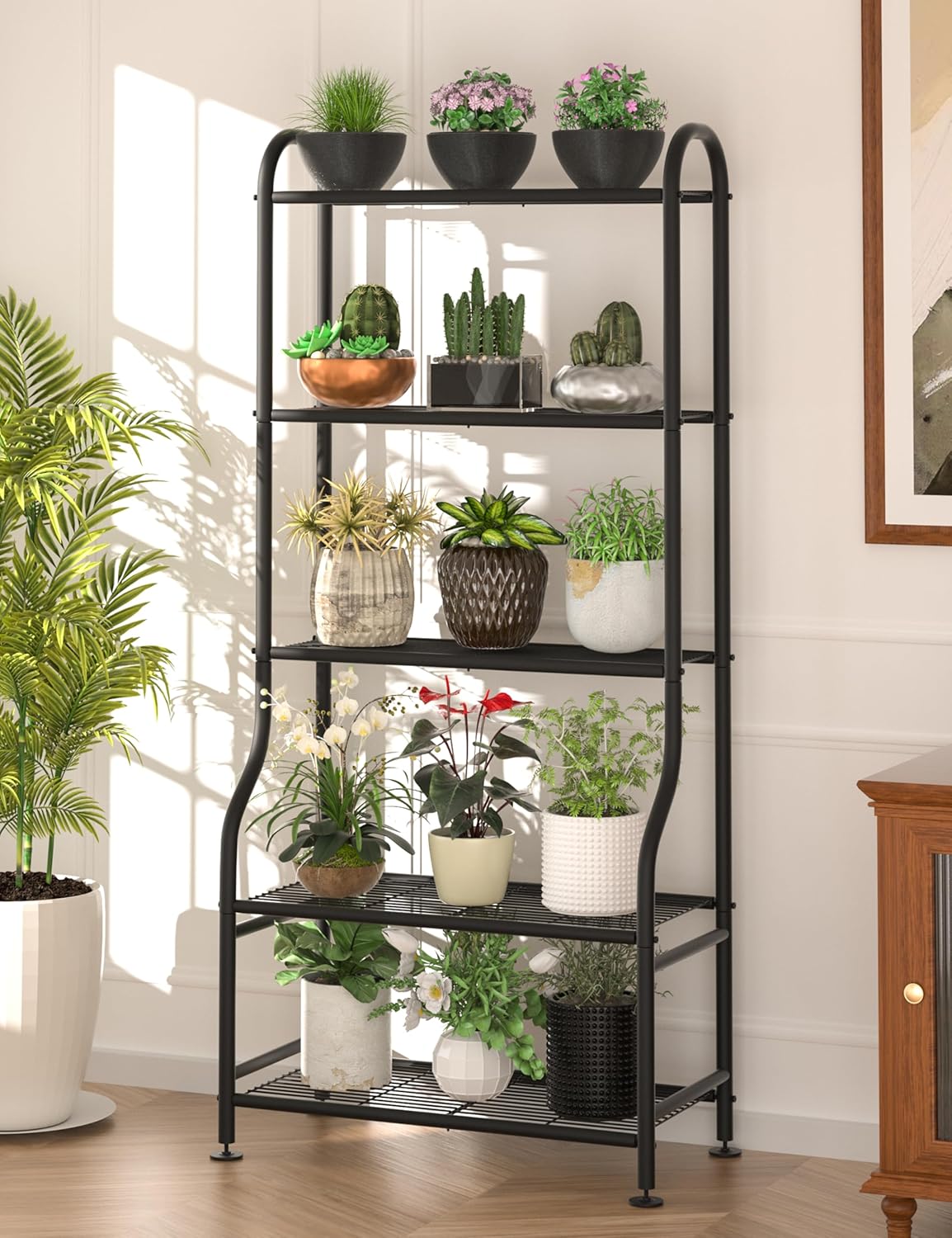 5-Tier Metal Plant Stand Indoor Outdoor, Waterproof Flower Stand for Multiple Pots, Heavy Duty Plant Stands for Living Room Patio Garden Decor, Tall Plant Shelf with Leveling Feet, Black