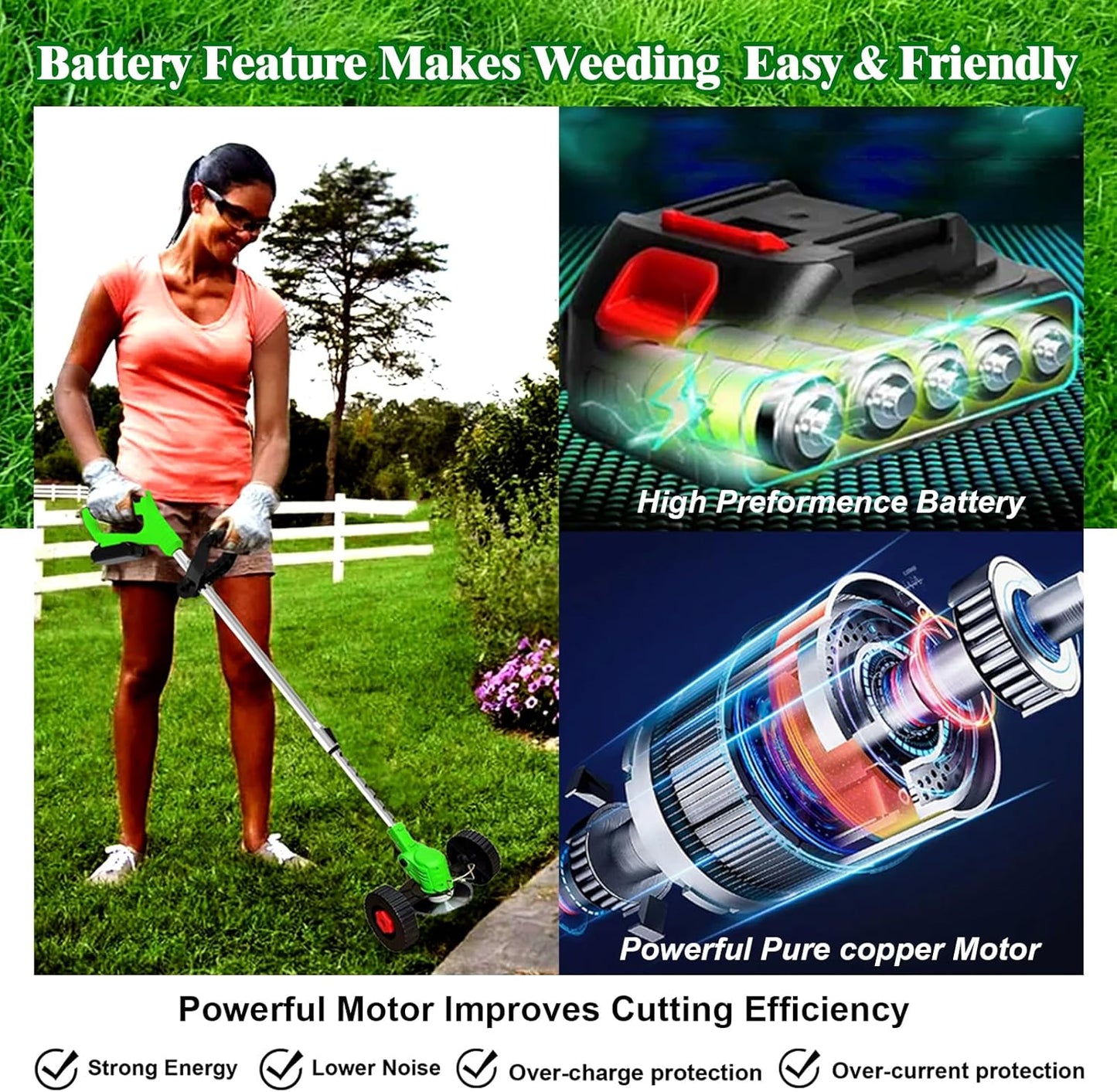 Electric Weed Wacker Eater Cordless Battery Powered, Weed Trimmer 21V Lightweight No-String with 2 Battery Operated & Wheels, 3 in 1 Stringless Grass Trimmer/Edger/Brush Cutter for Garden Yard Lawn