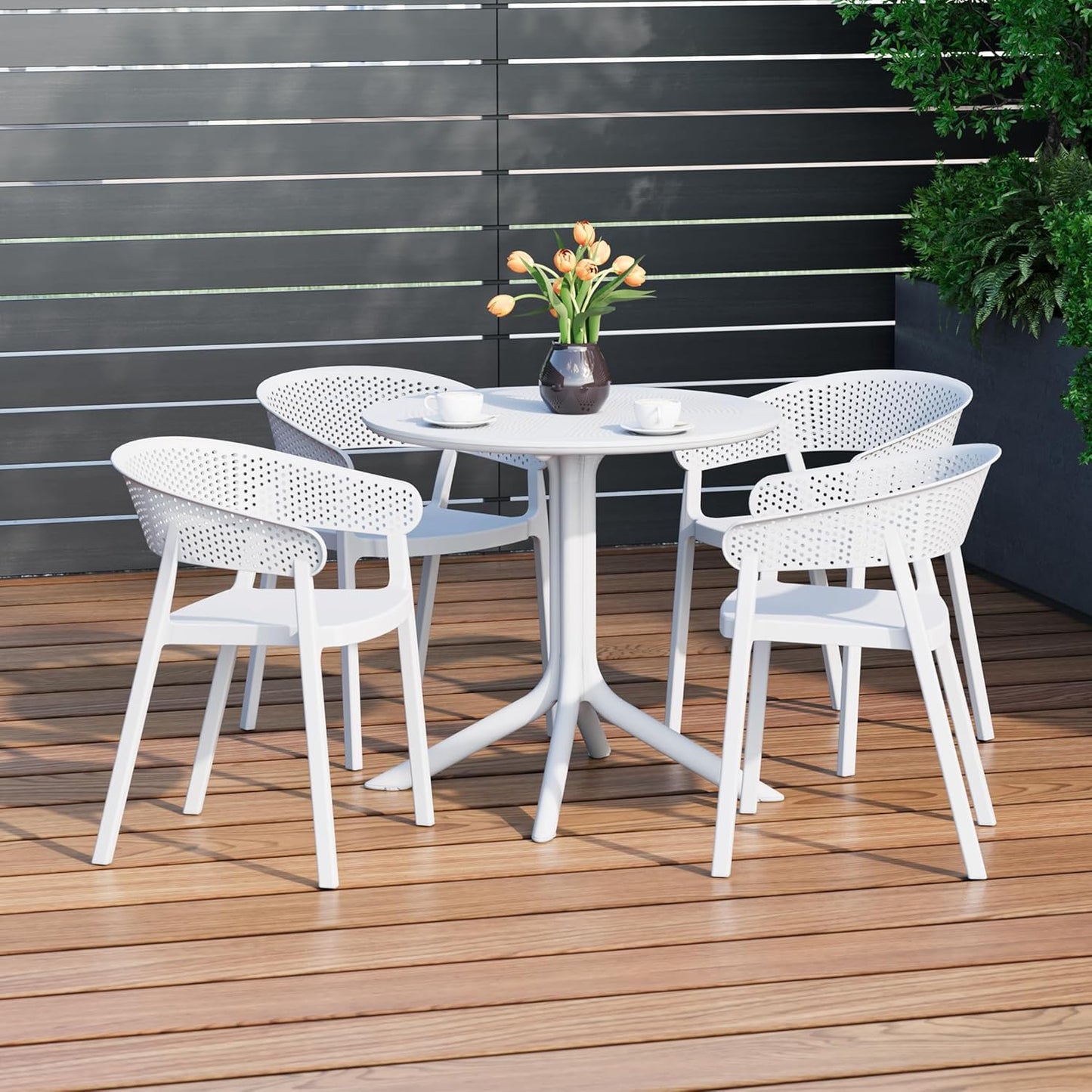 Dining Table Set for 4, HDPE Patio Round Dining Table and Stackable Chair, Kitchen & Dining Room Sets All Weather for Backyard Porch Poolside, White