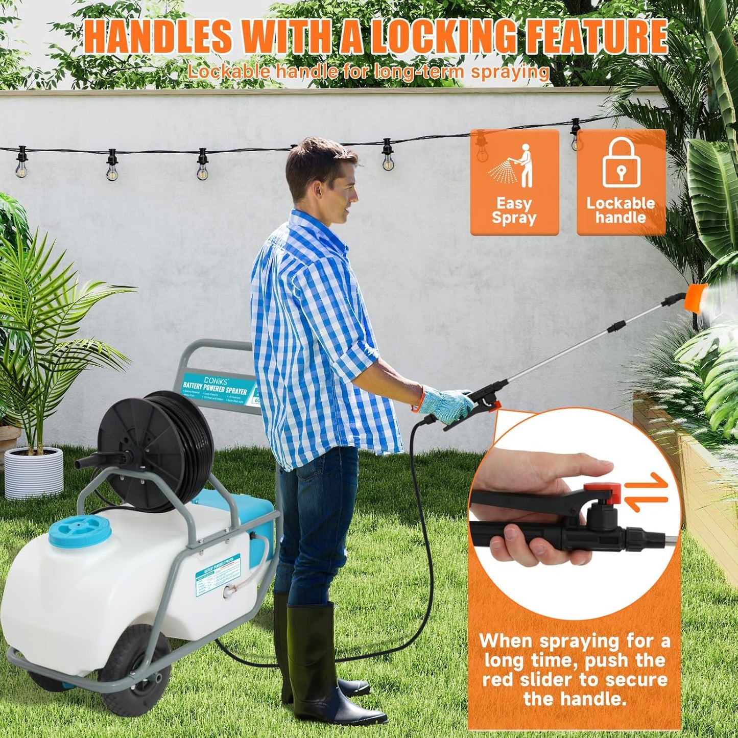 16 Gallon Battery Powered Sprayer with Wheeled Cart,0-90PSI,5-6h Spray Time,164FT Hose with Reel,Adjustable HD Wand and 10 Nozzles, Rotating Wheels with Brake for Lawn & Garden Spraying,Cleaning