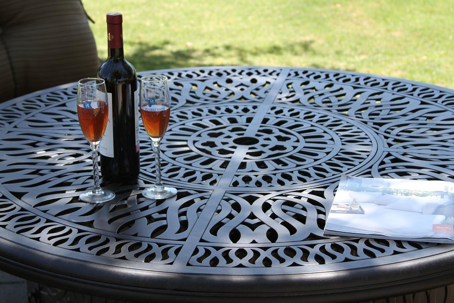 Elizabeth Outdoor Patio 5pc Set Bar Table 42" Dark Bronze Cast Aluminum, Premium Sun-Sesame Cushions