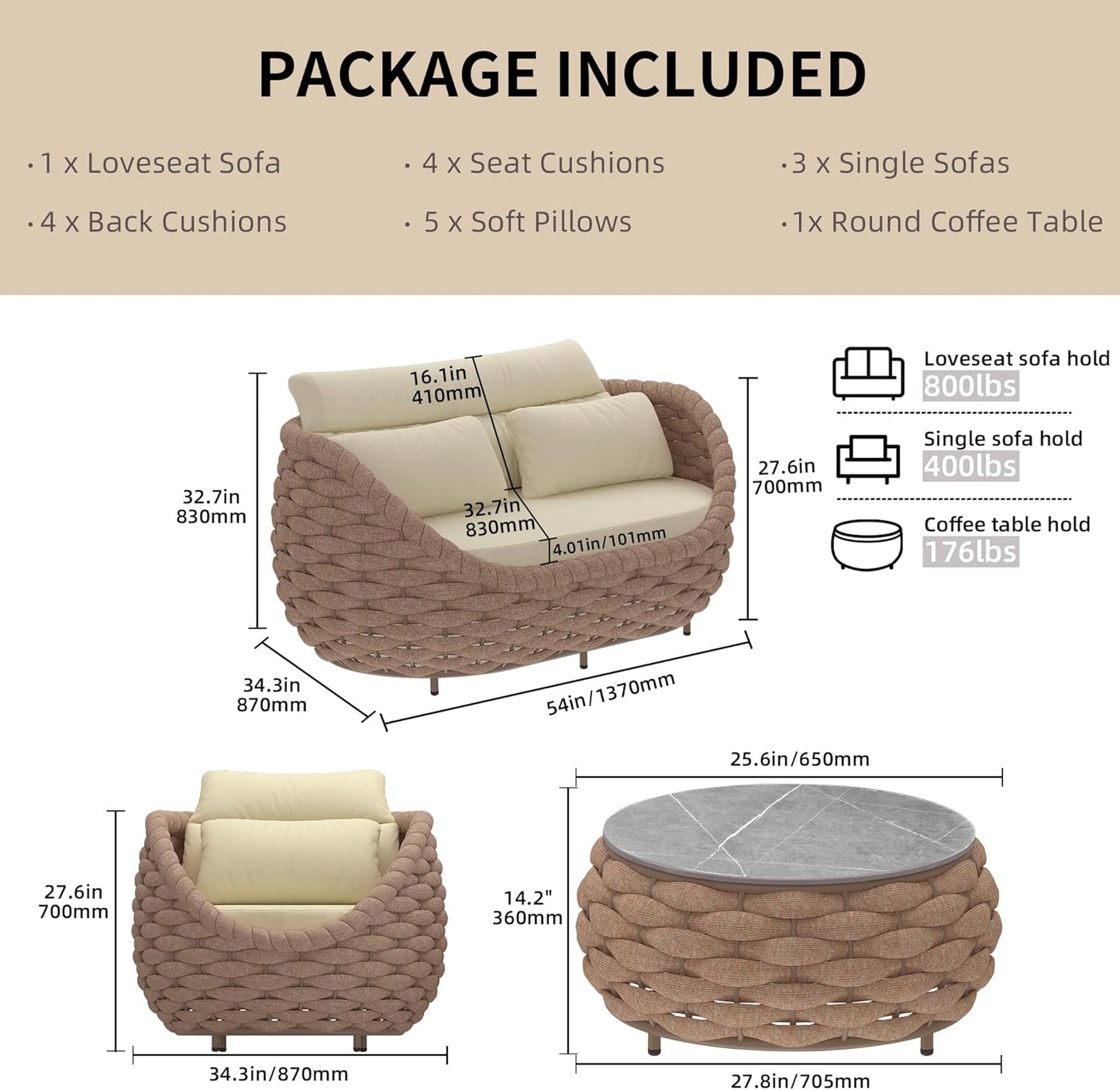 5 Pieces Patio Furniture Set, Outdoor Rope Conversation Sectional Patio Sofa with 5 Seater for Backyard, Porch, Modern Armchairs with Thickness Cushions and Side Table, Light Brown