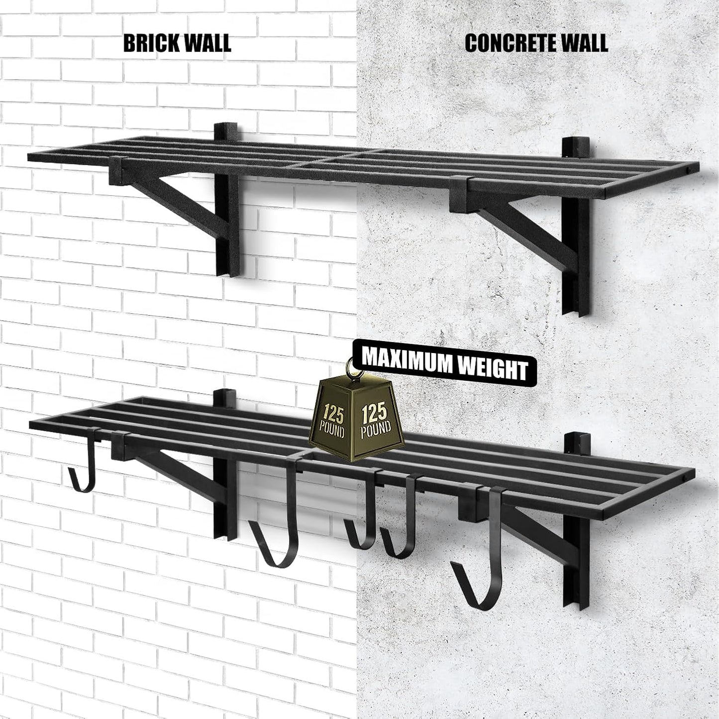 2 Pack Heavy Duty Garage Wall Shelving, 1' x 4' Wall Mount Storage, Holds 200 lbs Each, Garage Shelving Wall Mounted, Storage Rack with Hooks (Black)