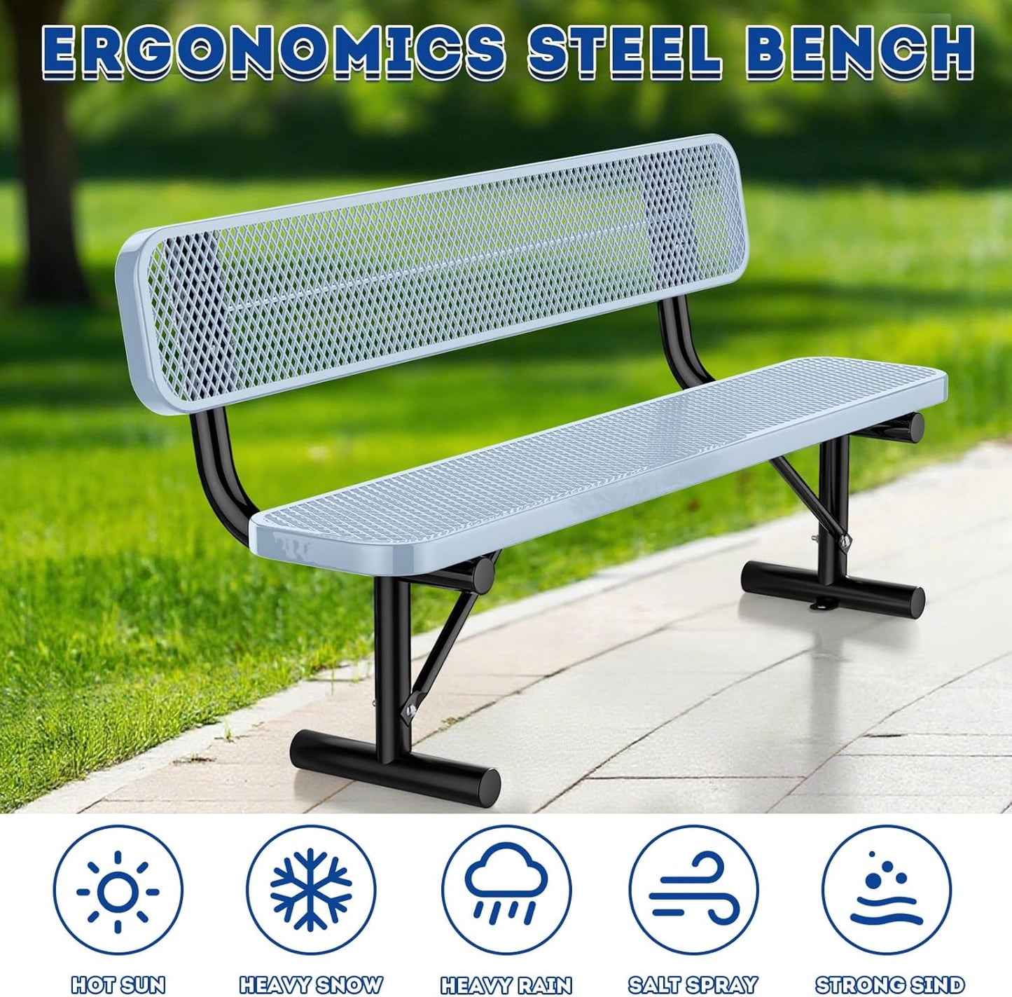 6Ft Heavy Duty Park Bench with Back Portable Frame, Outdoor Steel Bench with Backrest, Expanded Metal Mesh Bench for Lawn, Park, Deck, Garden, Patio, Porch, Grey