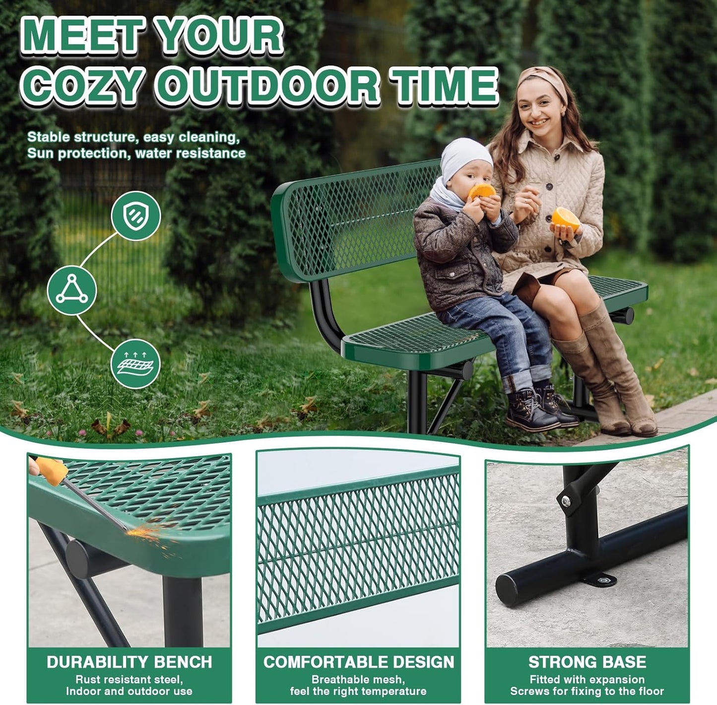 4FT Heavy Duty Park Bench with Back Portable Frame, Outdoor Metal Park Bench with Backrest, Steel Mesh Outdoor Bench for Garden, Lawn, Patio, Porch, Park, Yard, Green